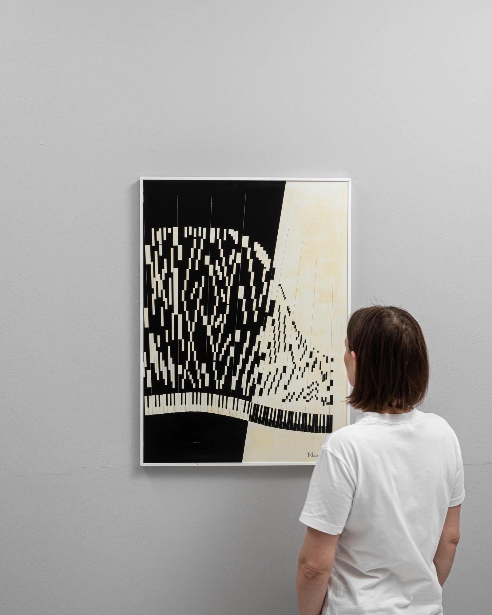 This evocative 20th Century Belgian artwork by René Berdal, encased in a sleek metal frame, showcases a striking abstract design characterized by bold, contrasting patterns. The art features a stark black background intersected by precise white