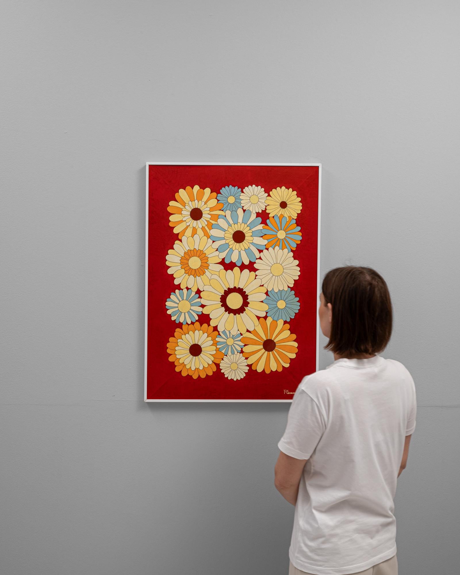 Dieses lebhafte belgische Kunstwerk von René Berdal aus dem 20. Jahrhundert, das wunderschön in Metall gerahmt ist, zeigt eine reizvolle Anordnung von Gänseblümchen vor einem auffallend roten Hintergrund. Das Gemälde fängt die Frische und