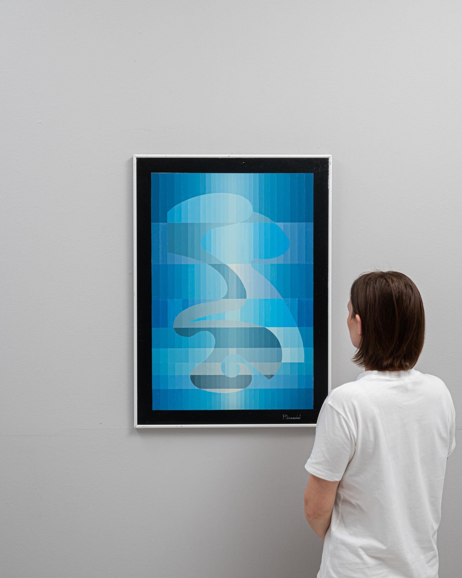 This 20th Century Belgian artwork by René Berdal, framed in metal, showcases a sophisticated interplay of fluid shapes and shades of blue, creating a mesmerizing visual experience. The artwork features an abstract design where sinuous forms seem to