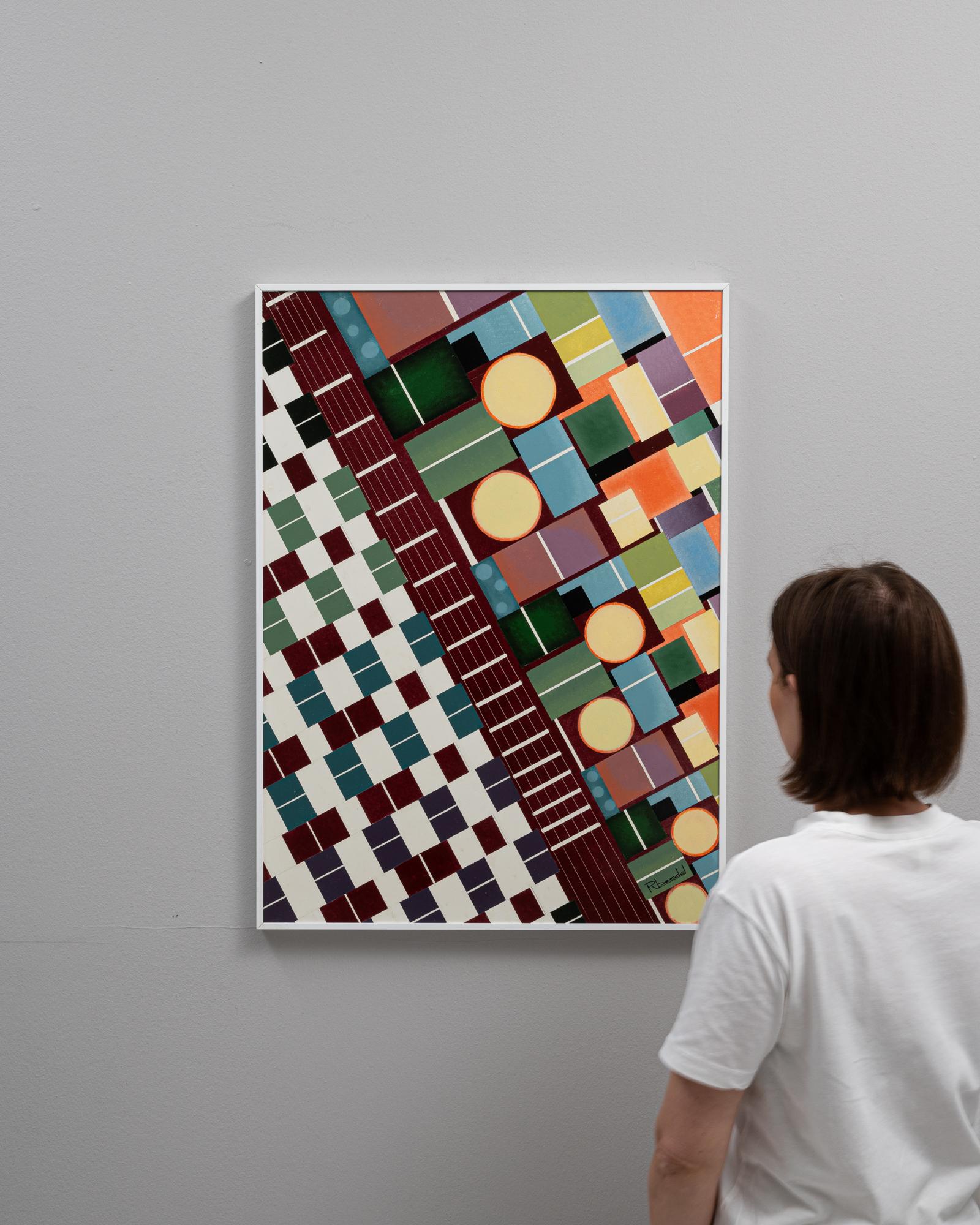Esta vibrante obra de arte belga del siglo XX de René Berdal, magistralmente enmarcada en metal, presenta una compleja composición geométrica que capta la esencia del arte abstracto. La obra presenta una armoniosa mezcla de formas y colores,