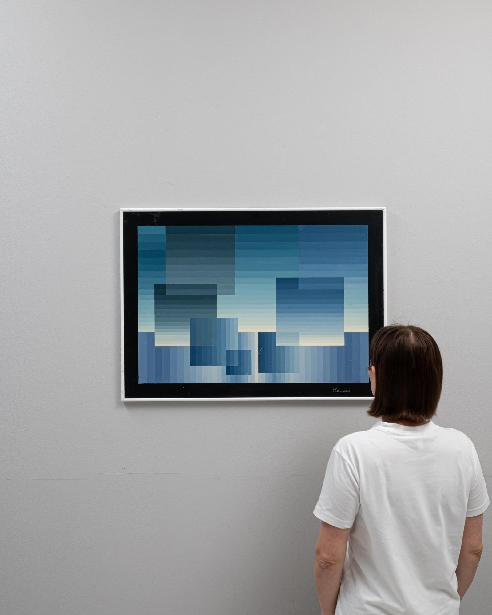 Cette œuvre d'art belge du 20e siècle de René Berdal, méticuleusement encadrée de métal, offre une expérience visuelle minimaliste mais profonde grâce à son exploration de l'abstraction pixellisée. La pièce est composée de différentes nuances de