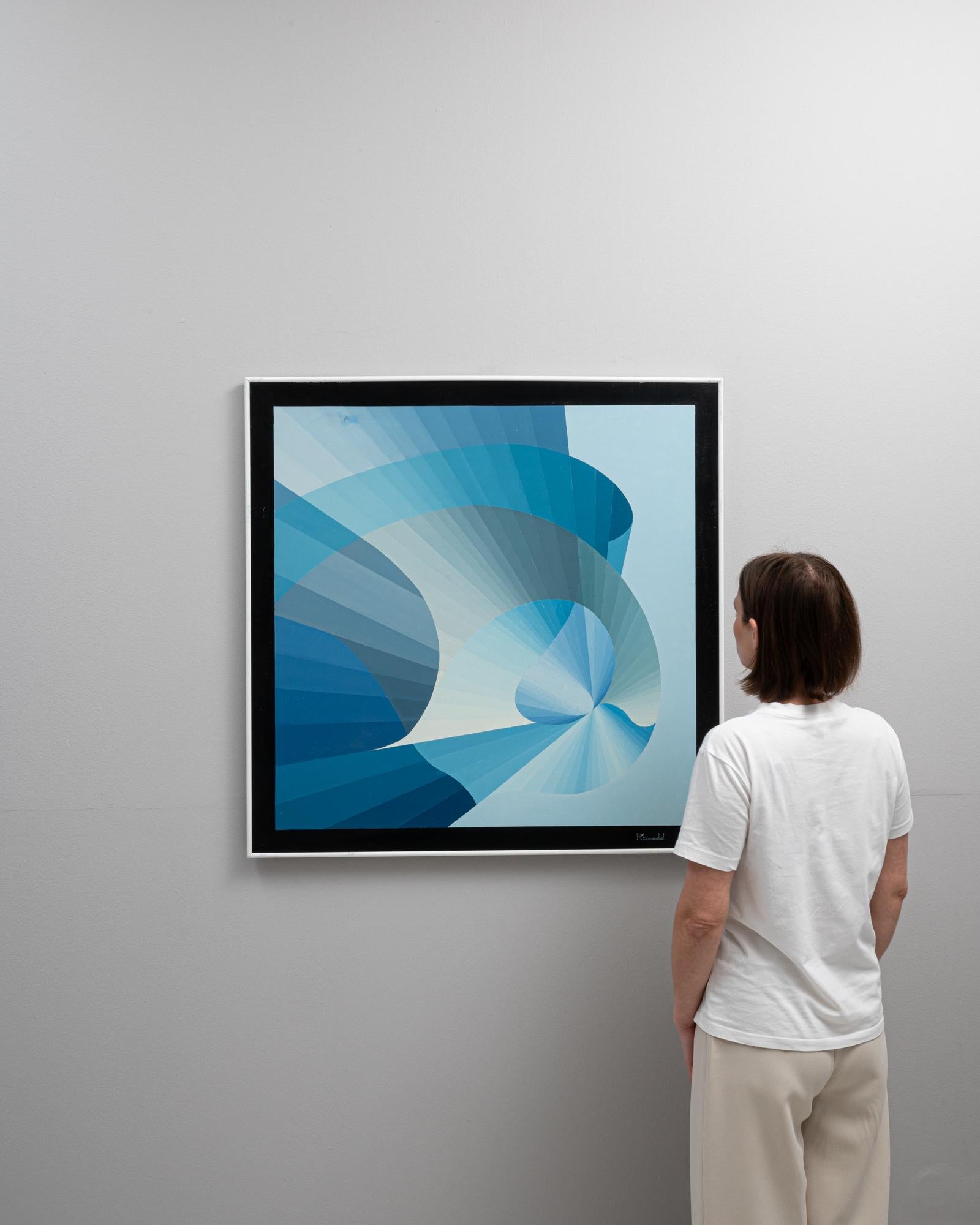 Quest'opera d'arte belga del XX secolo di René Berdal, elegantemente incorniciata in metallo, presenta un accattivante disegno astratto che esplora l'interazione tra forma e luce attraverso un motivo a spirale. L'opera d'arte presenta una