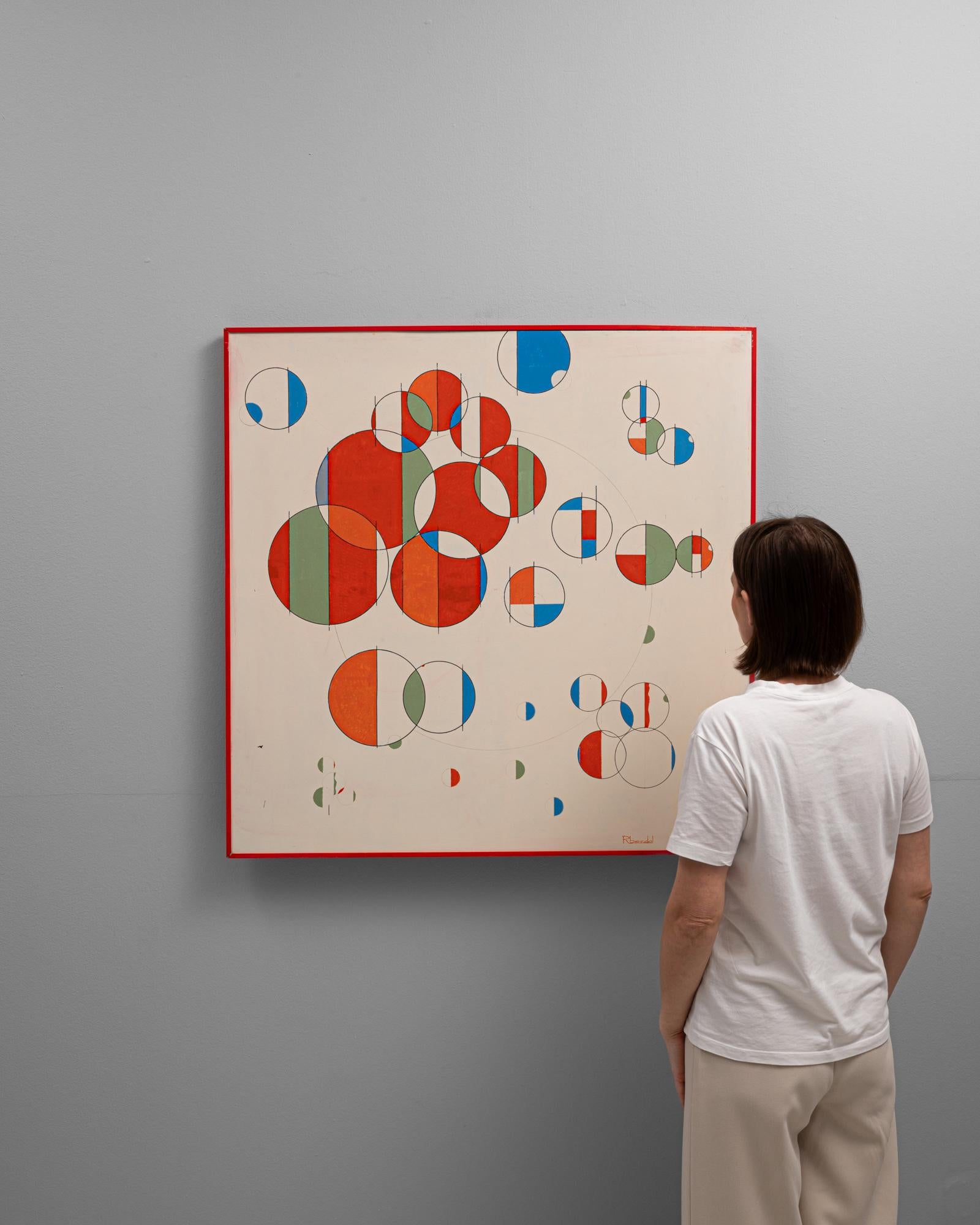 This 20th Century Belgian artwork by René Berdal, framed in a vibrant red metal frame, showcases a lively and colorful abstract composition that radiates energy and creativity. The artwork features an intricate arrangement of overlapping circles and