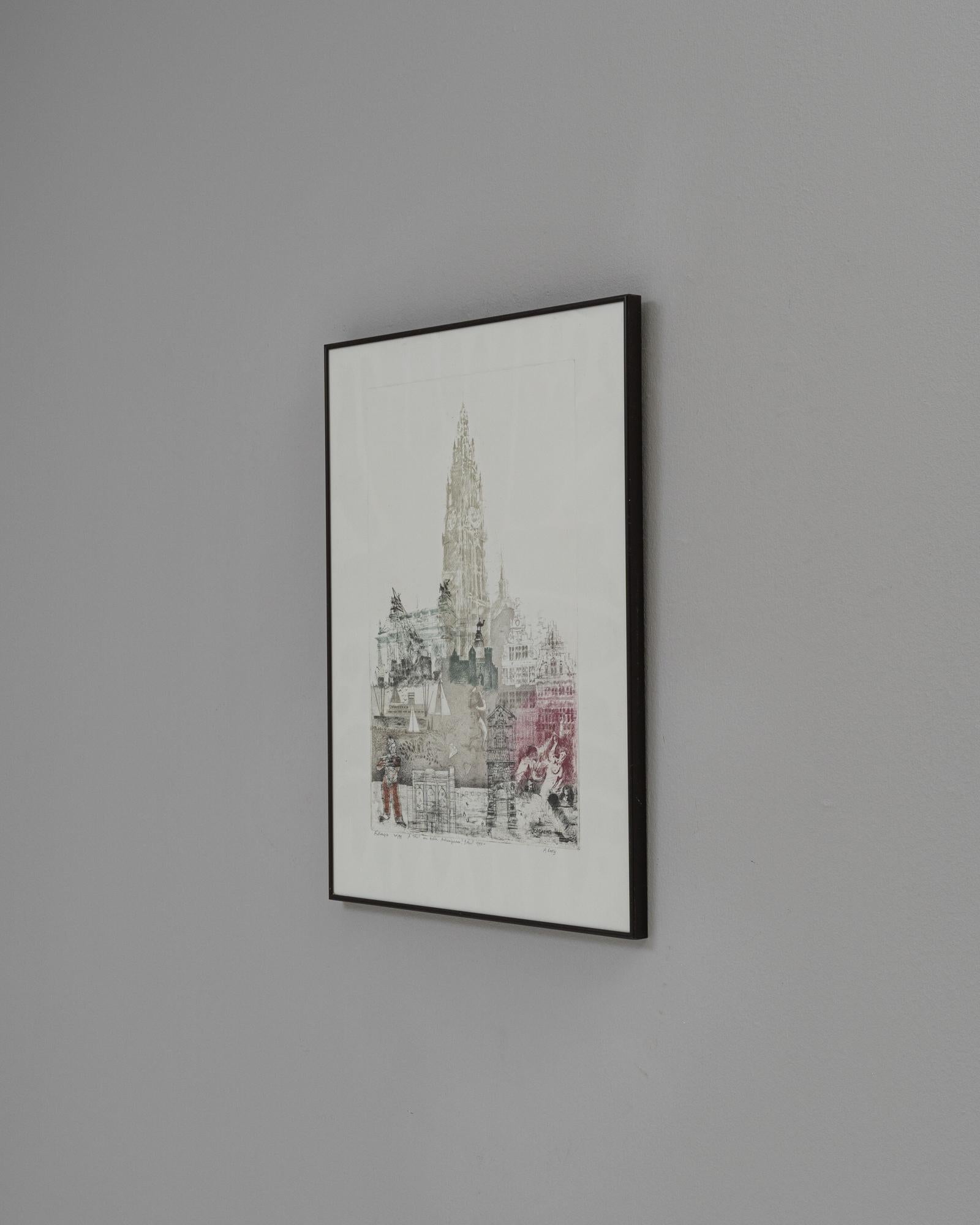 This 20th-century Belgian artwork captures the viewer with its intricate blend of architectural detailing and abstract elements, framed exquisitely within a sleek wooden border. The piece showcases a stunning cathedral, its spire soaring towards the