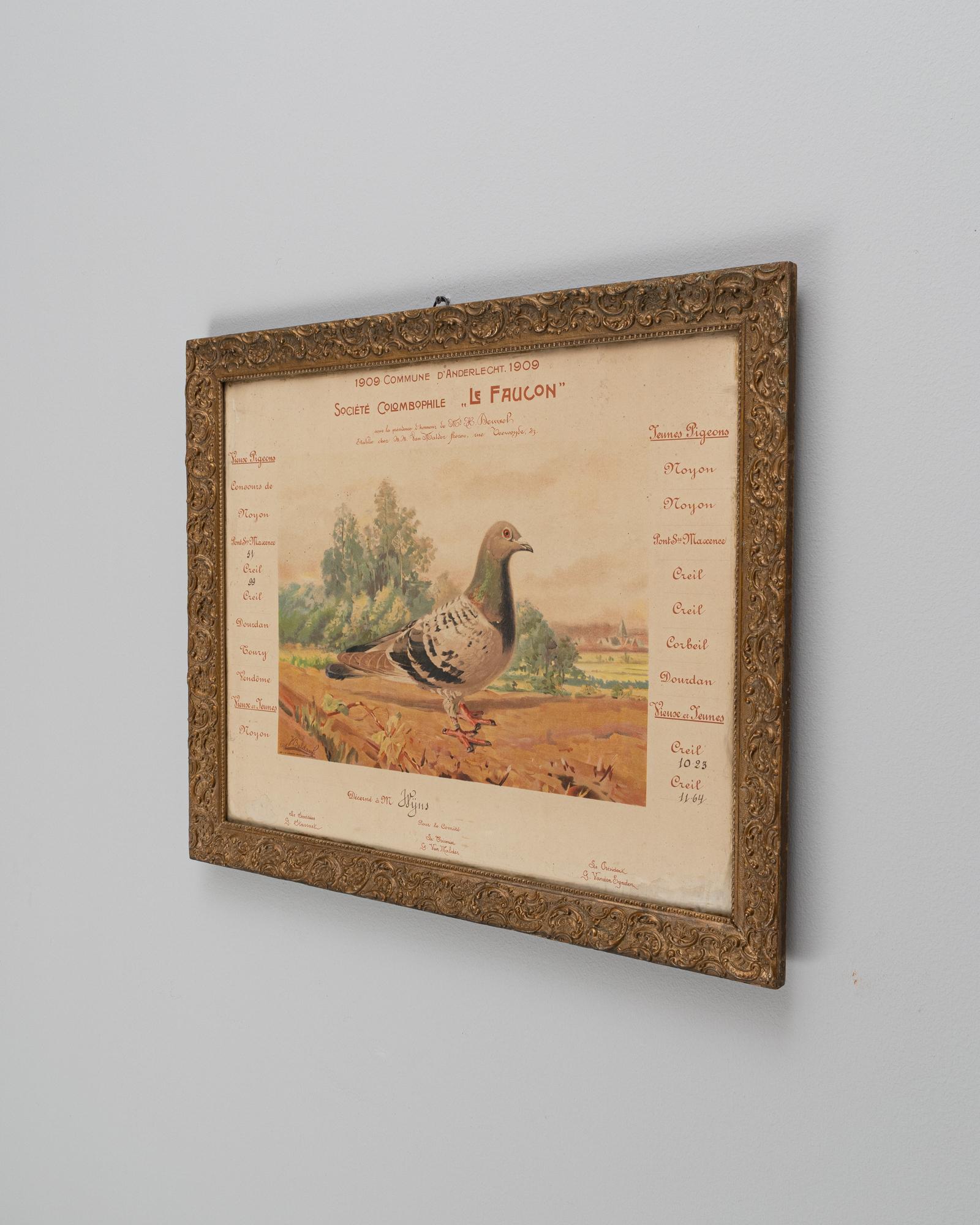 Dieses reizvolle belgische Kunstwerk aus dem 20. Jahrhundert versprüht den Charme des Landlebens mit der heiteren Darstellung einer Taube vor dem Hintergrund einer Hirtenlandschaft. Die Liebe zum Detail im Gefieder des Vogels und die sanften