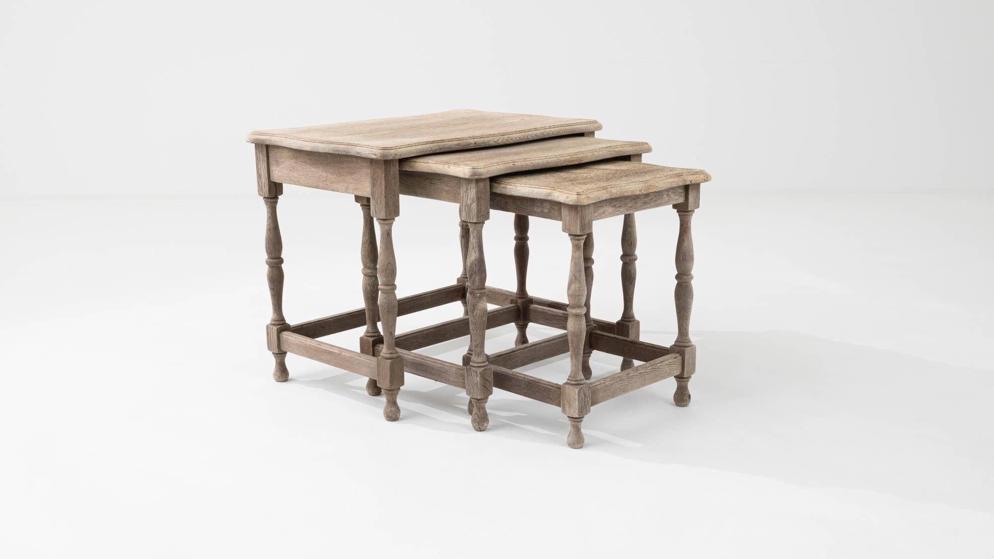 20th Century Belgian Bleached Oak Nesting Tables, Set of 3 5