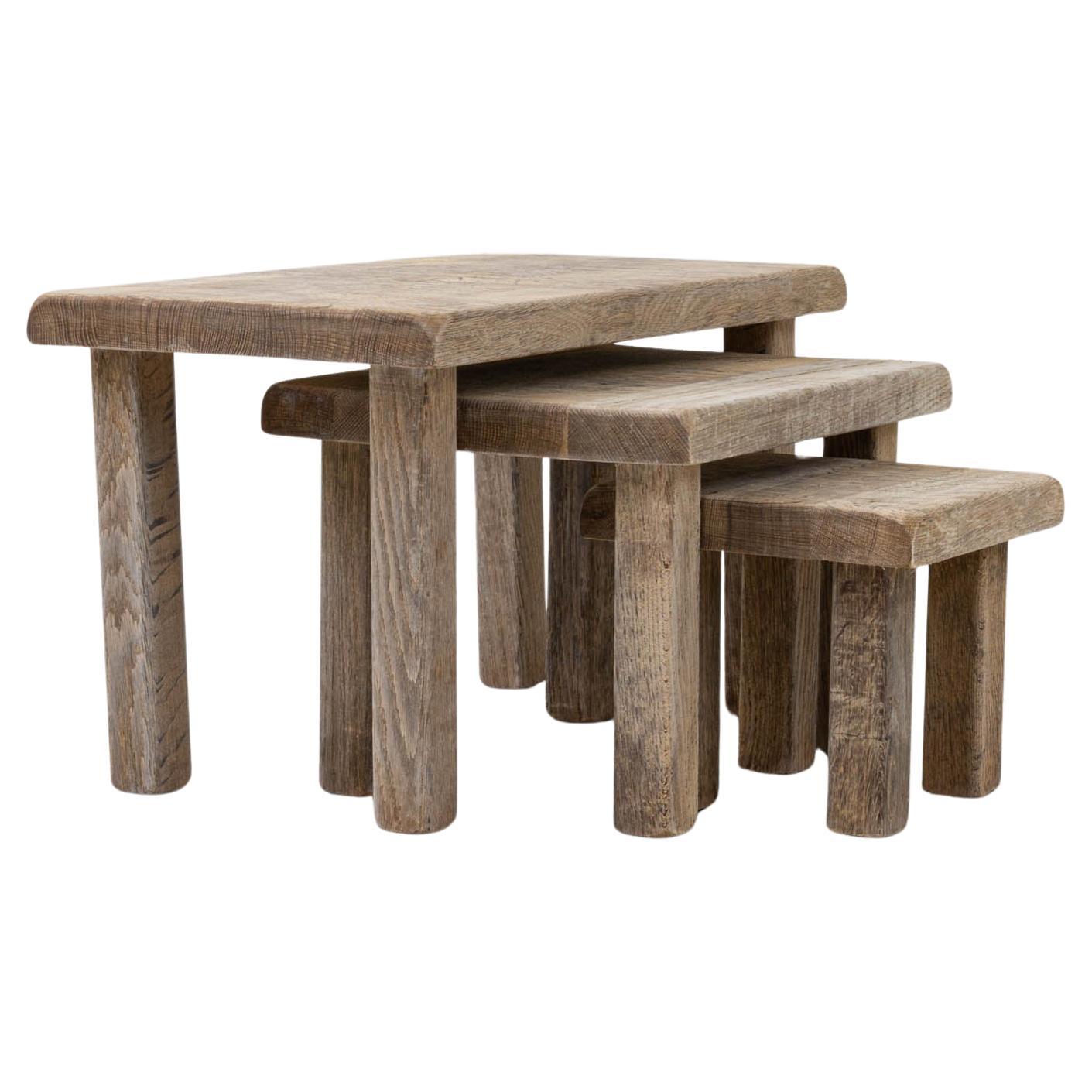 20th Century Belgian Bleached Oak Nesting Tables, Set of 3