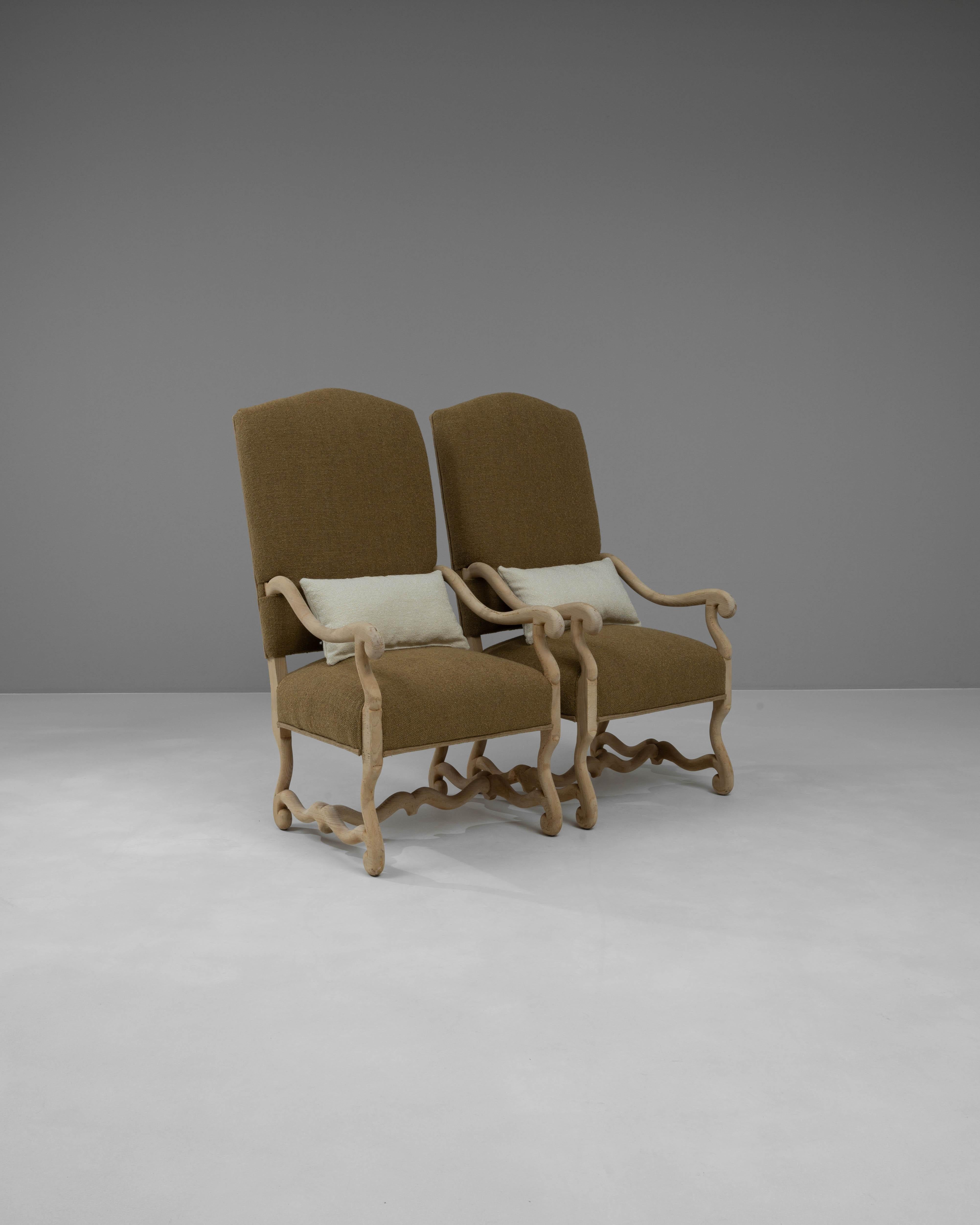 20th Century Belgian Bleached Oak Upholstered Armchairs, a Pair For Sale 6