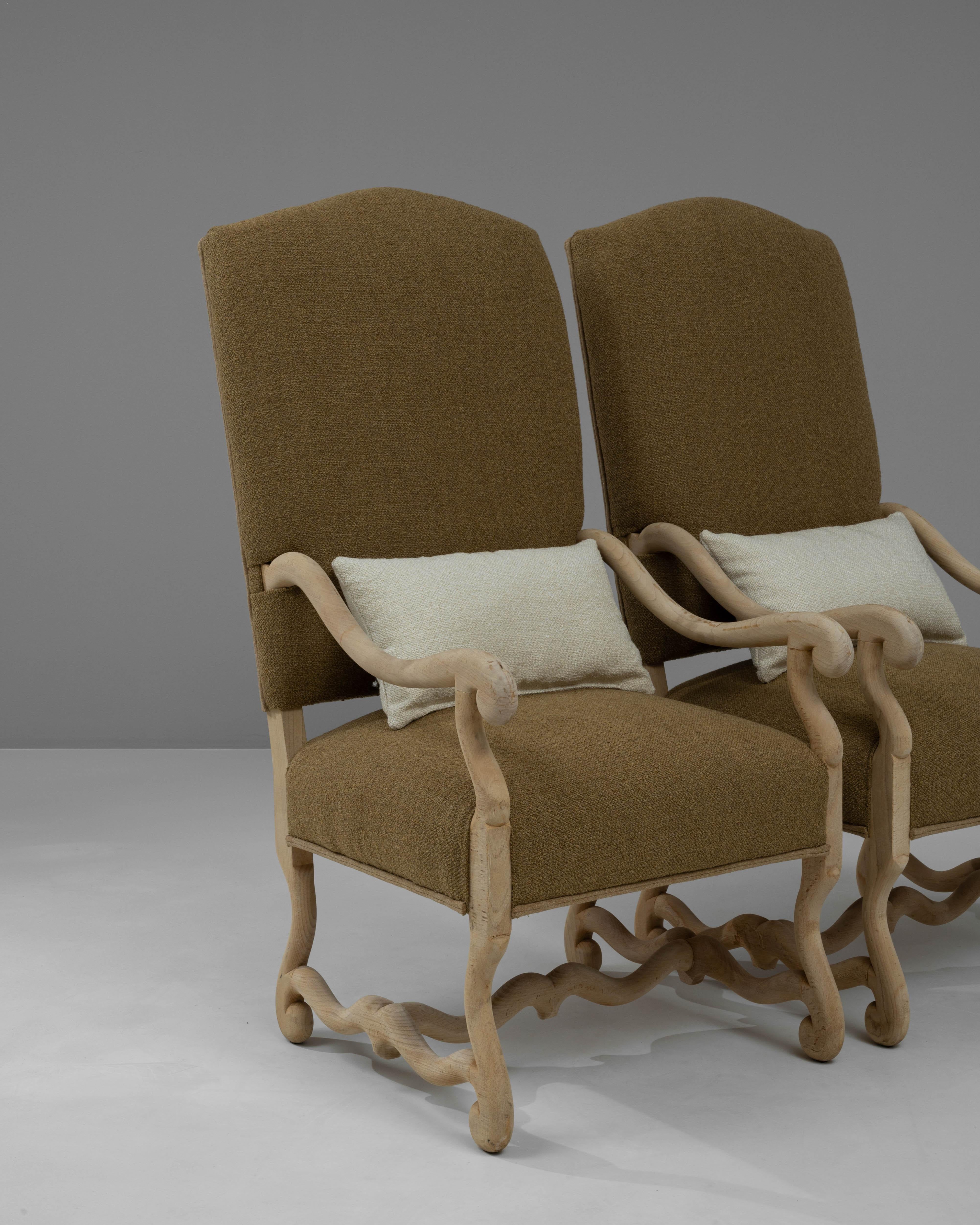20th Century Belgian Bleached Oak Upholstered Armchairs, a Pair For Sale 7