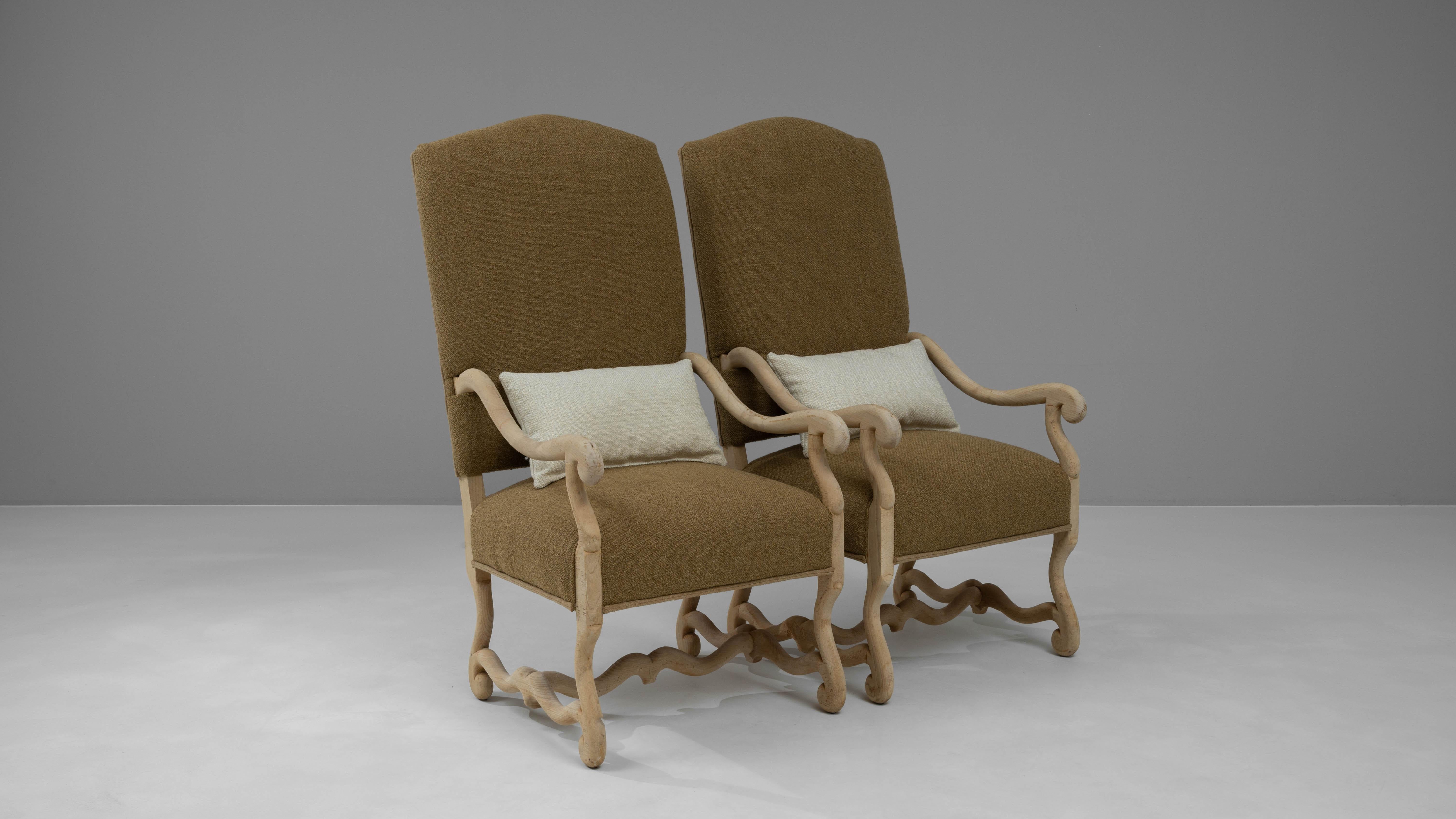 20th Century Belgian Bleached Oak Upholstered Armchairs, a Pair For Sale 8