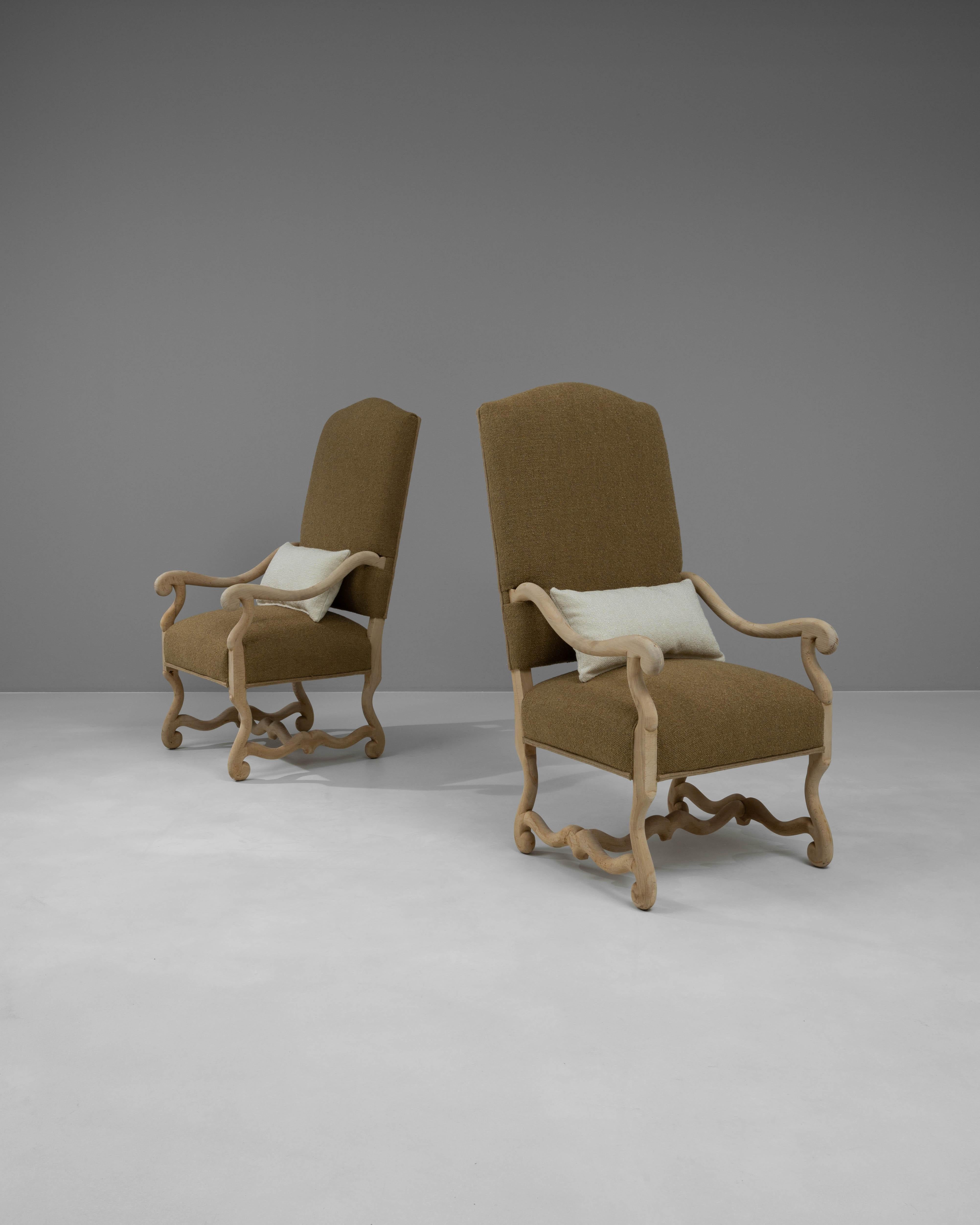 Upholstery 20th Century Belgian Bleached Oak Upholstered Armchairs, a Pair For Sale