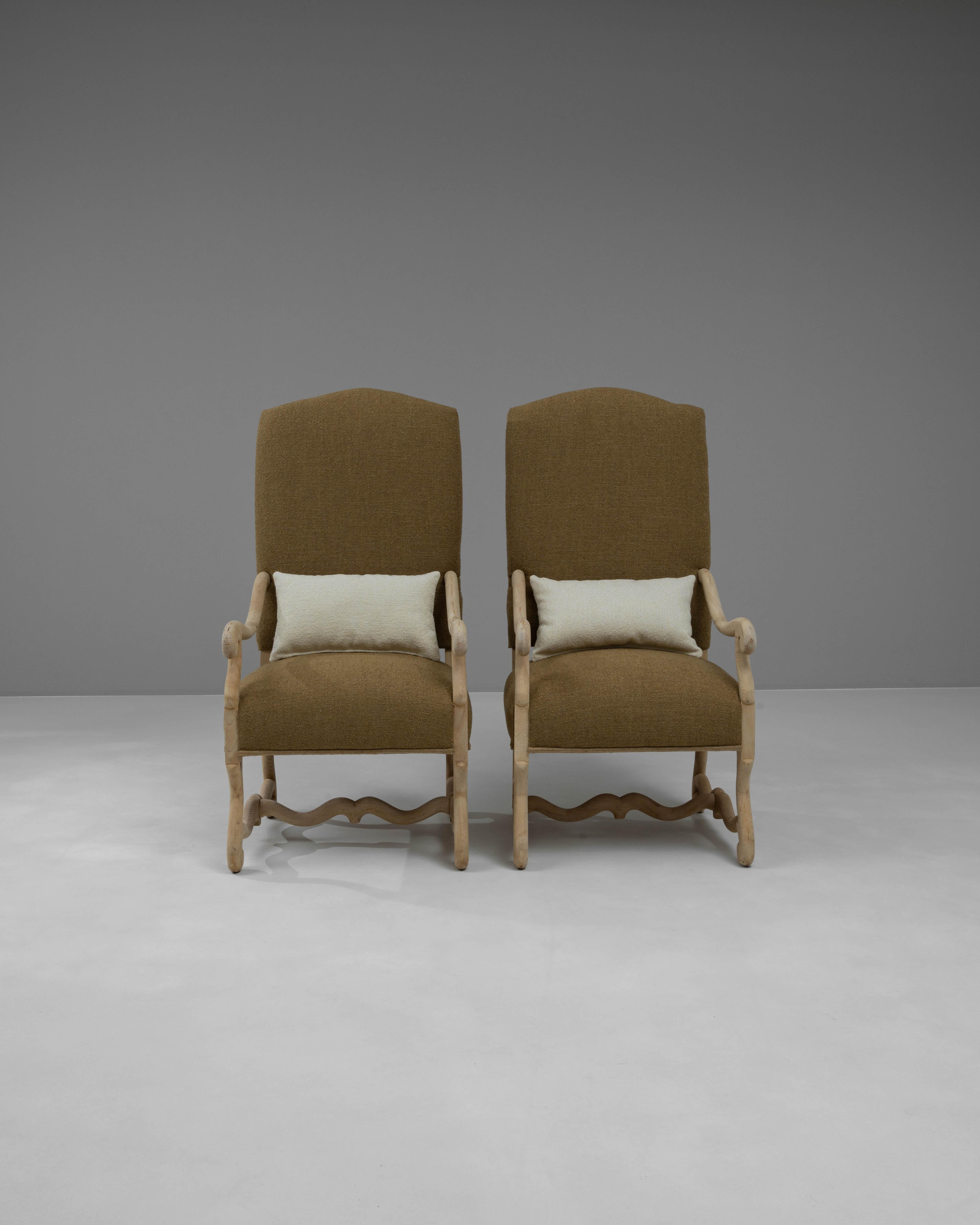 20th Century Belgian Bleached Oak Upholstered Armchairs, a Pair For Sale 1