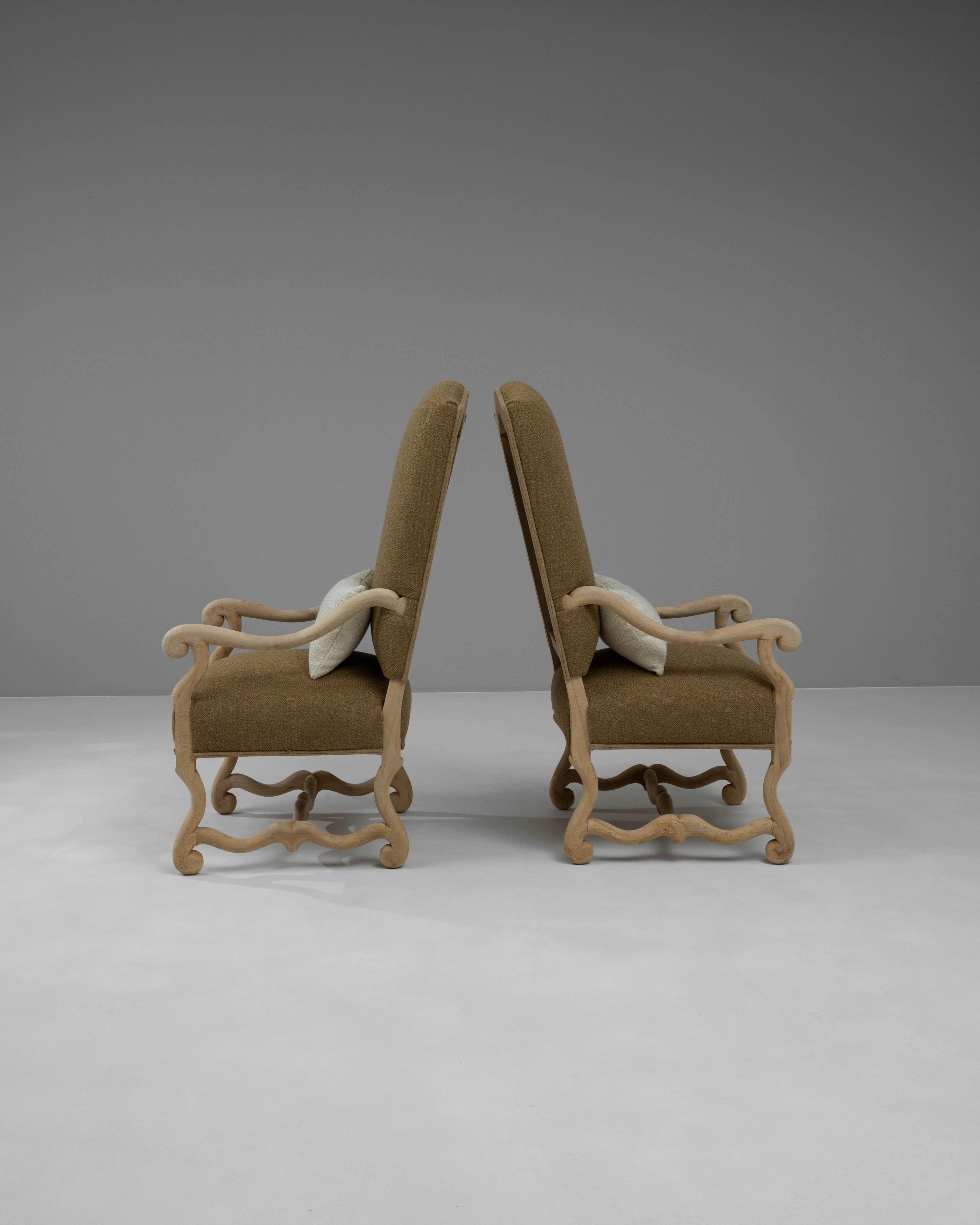 20th Century Belgian Bleached Oak Upholstered Armchairs, a Pair For Sale 2