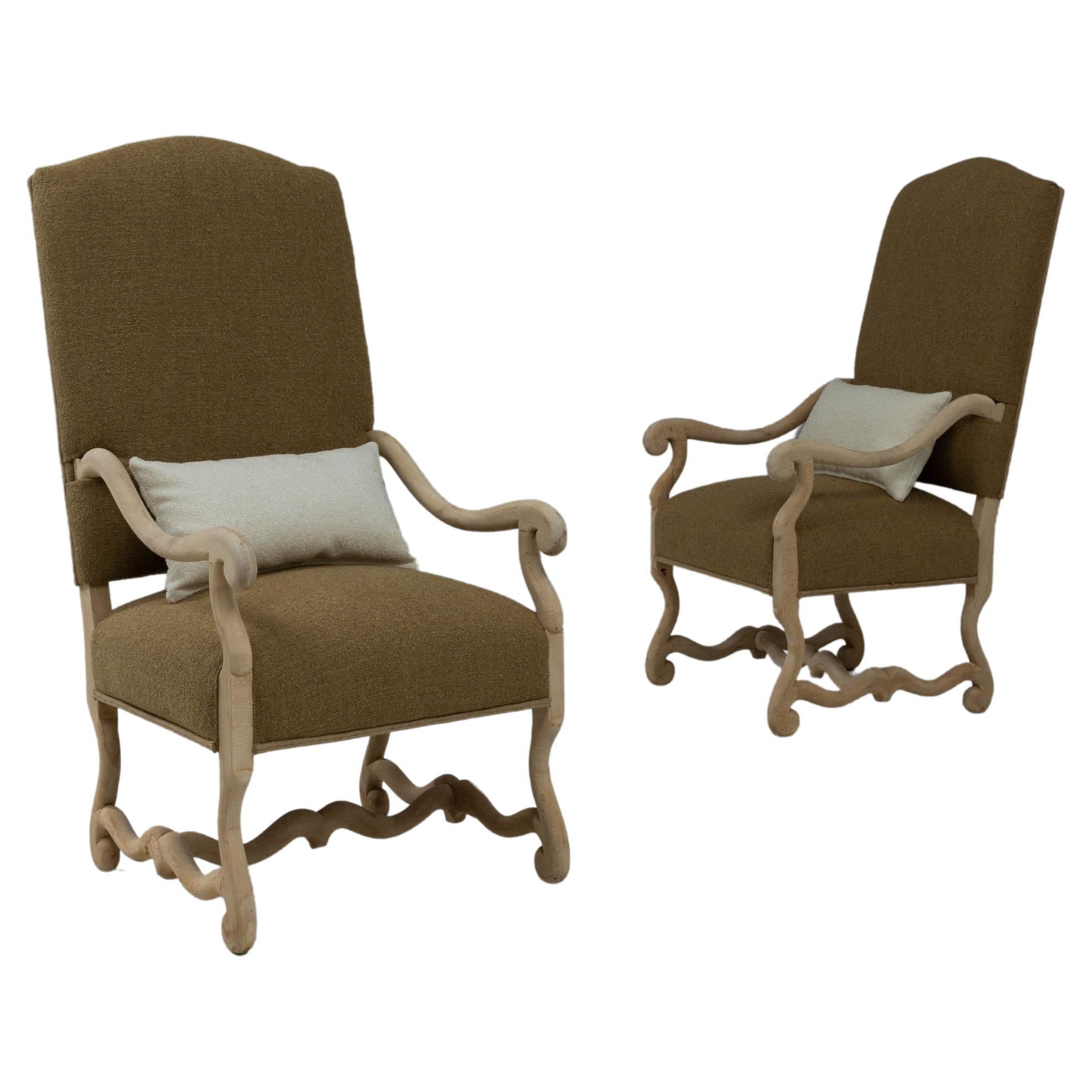 20th Century Belgian Bleached Oak Upholstered Armchairs, a Pair For Sale