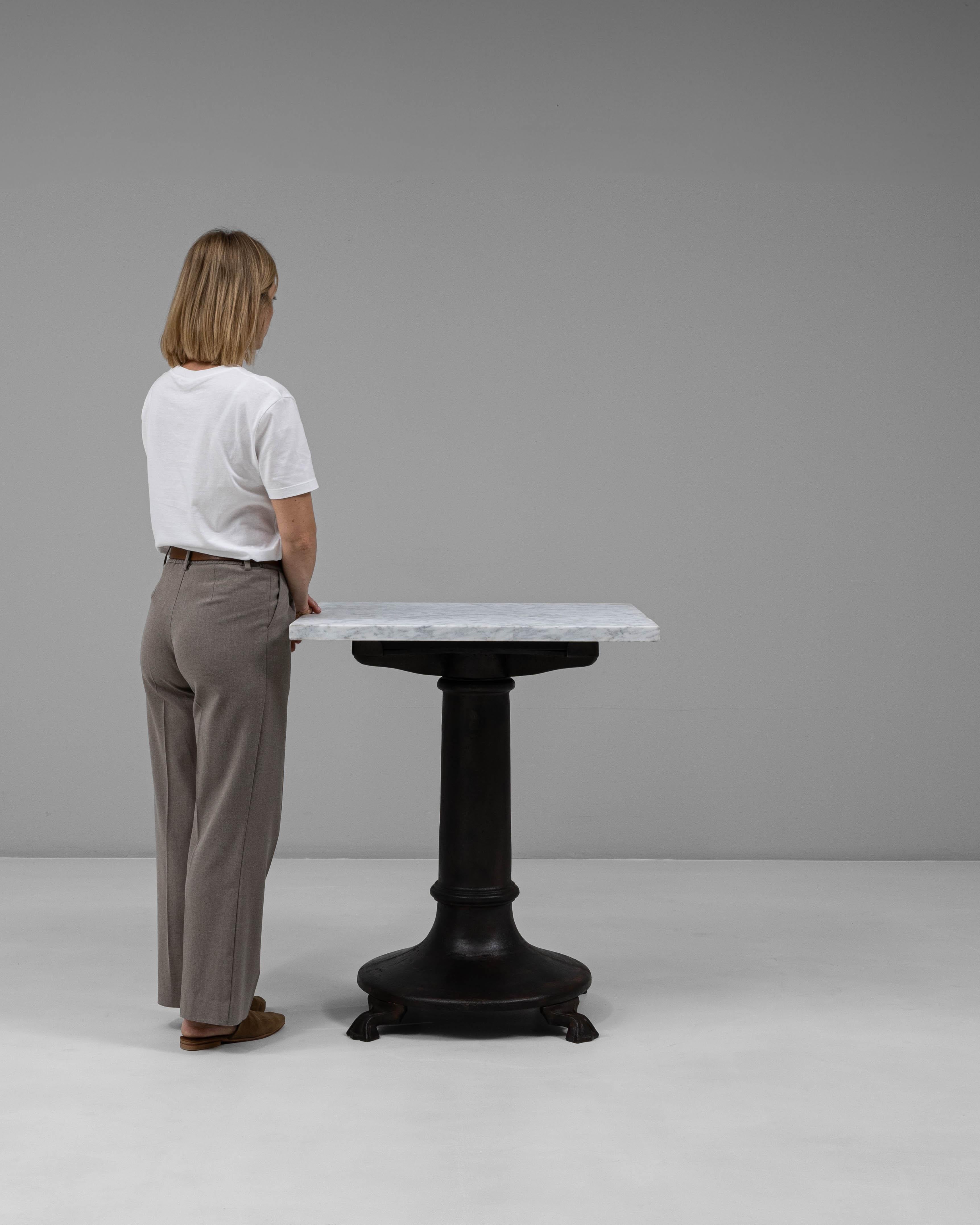 20th Century Belgian Cast Iron Bistro Table With White Marble Top In Good Condition For Sale In High Point, NC