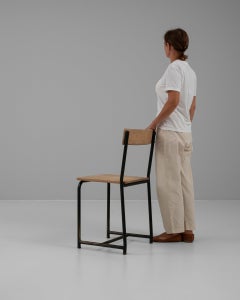 20th Century Belgian Dining Chair, Dark Metal Frame, Wood Seat & Back