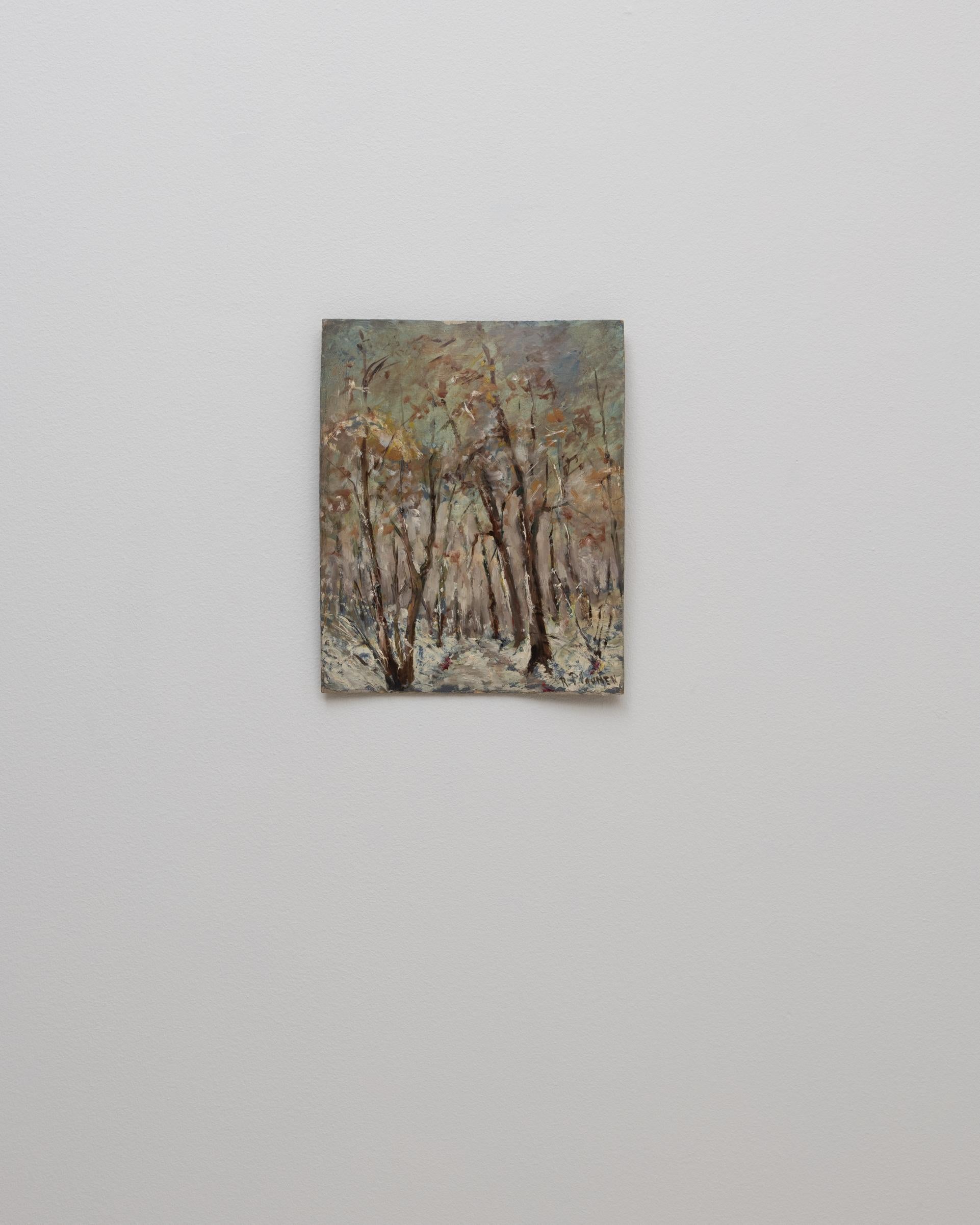 Dieses belgische Gemälde einer Waldlandschaft aus dem 20. Jahrhundert fängt die ruhige Stille einer Waldszene ein, die mit ausdrucksvollen, strukturierten Pinselstrichen wiedergegeben wird. Kahle Bäume erheben sich vertikal über die Komposition,