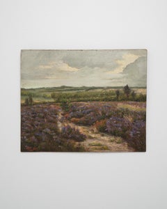 20th Century Belgian Oil Painting of Heather Landscape Framed Signed 19x23