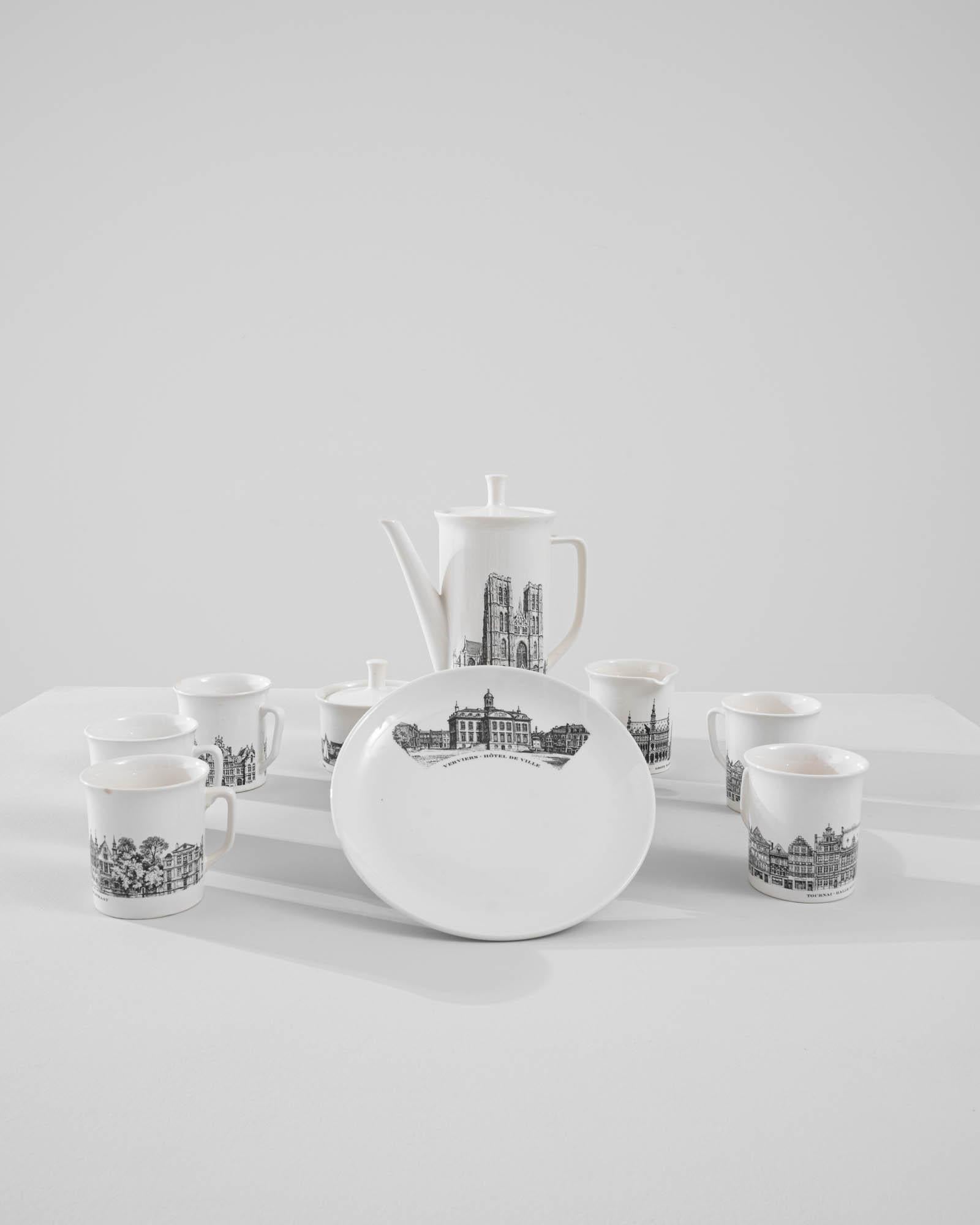 A ceramic coffee set created in 20th century Belgium. This satisfying understated coffee set charms the eye with neatly composed porcelain, delicately minimal forms, and carefully inscribed architectural sights. Each mug is illustrated with a