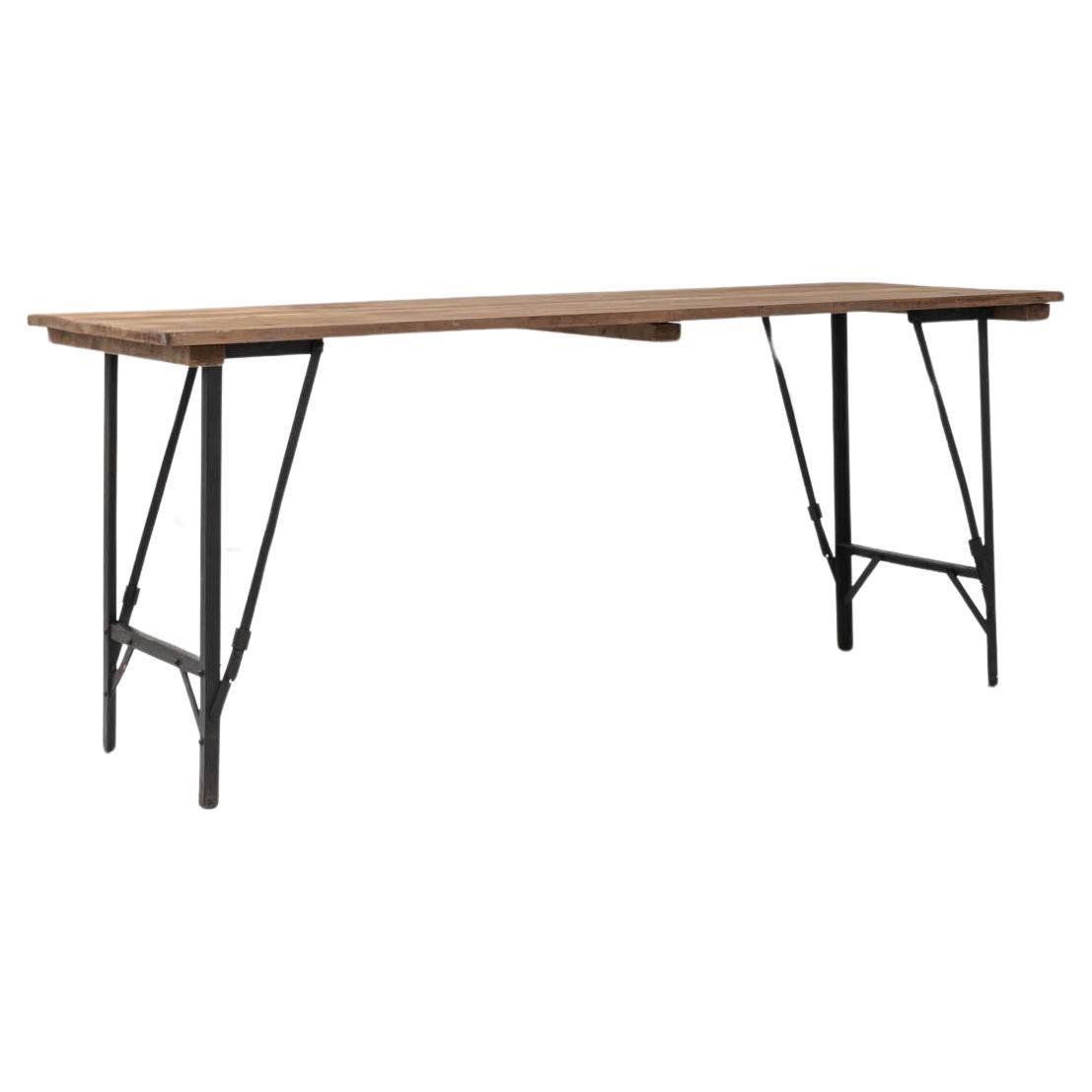 20th Century Belgian Metal Folding Table with Wooden Top
