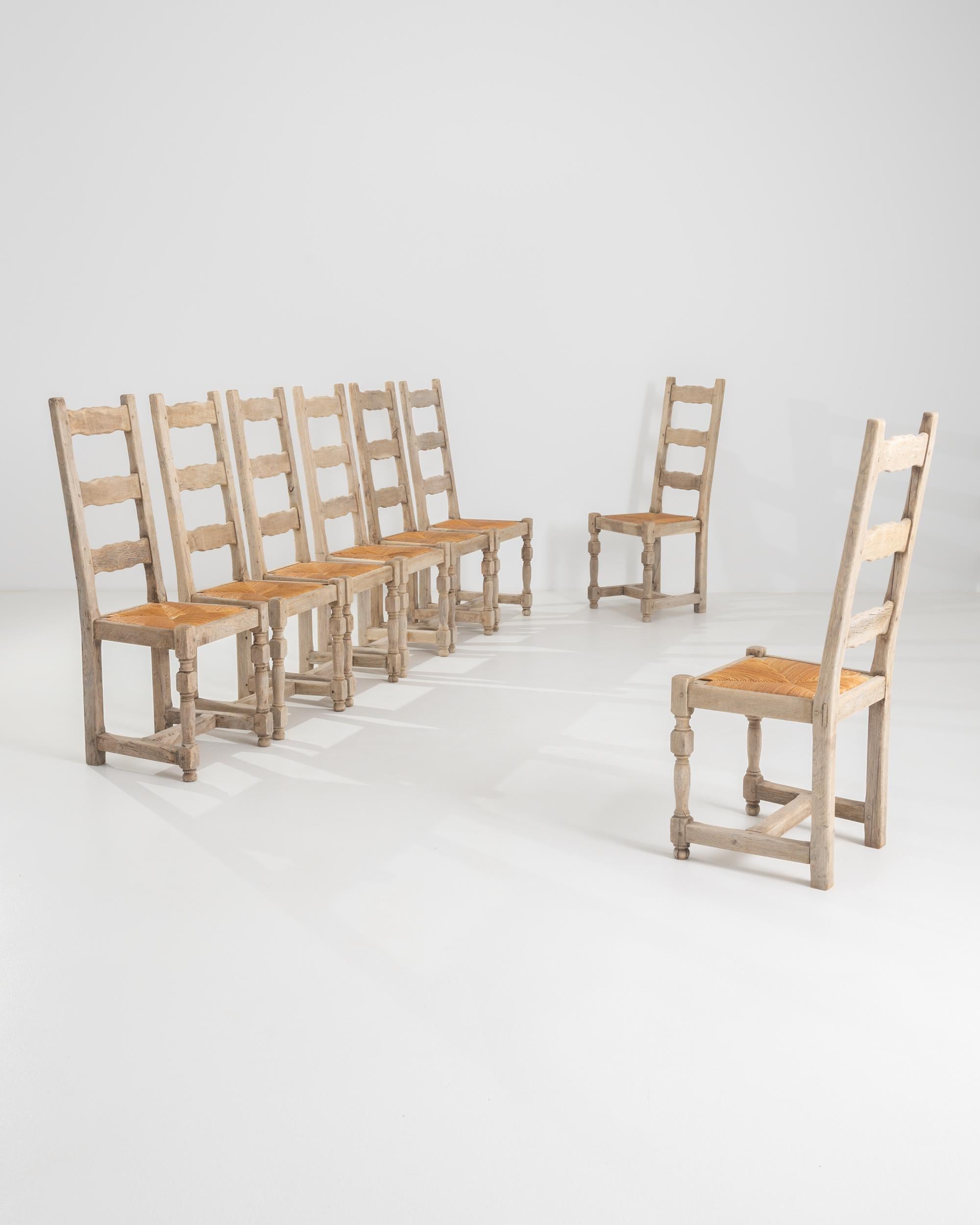 Country 20th Century, Belgian Oak Dining Chairs, Set of Eight