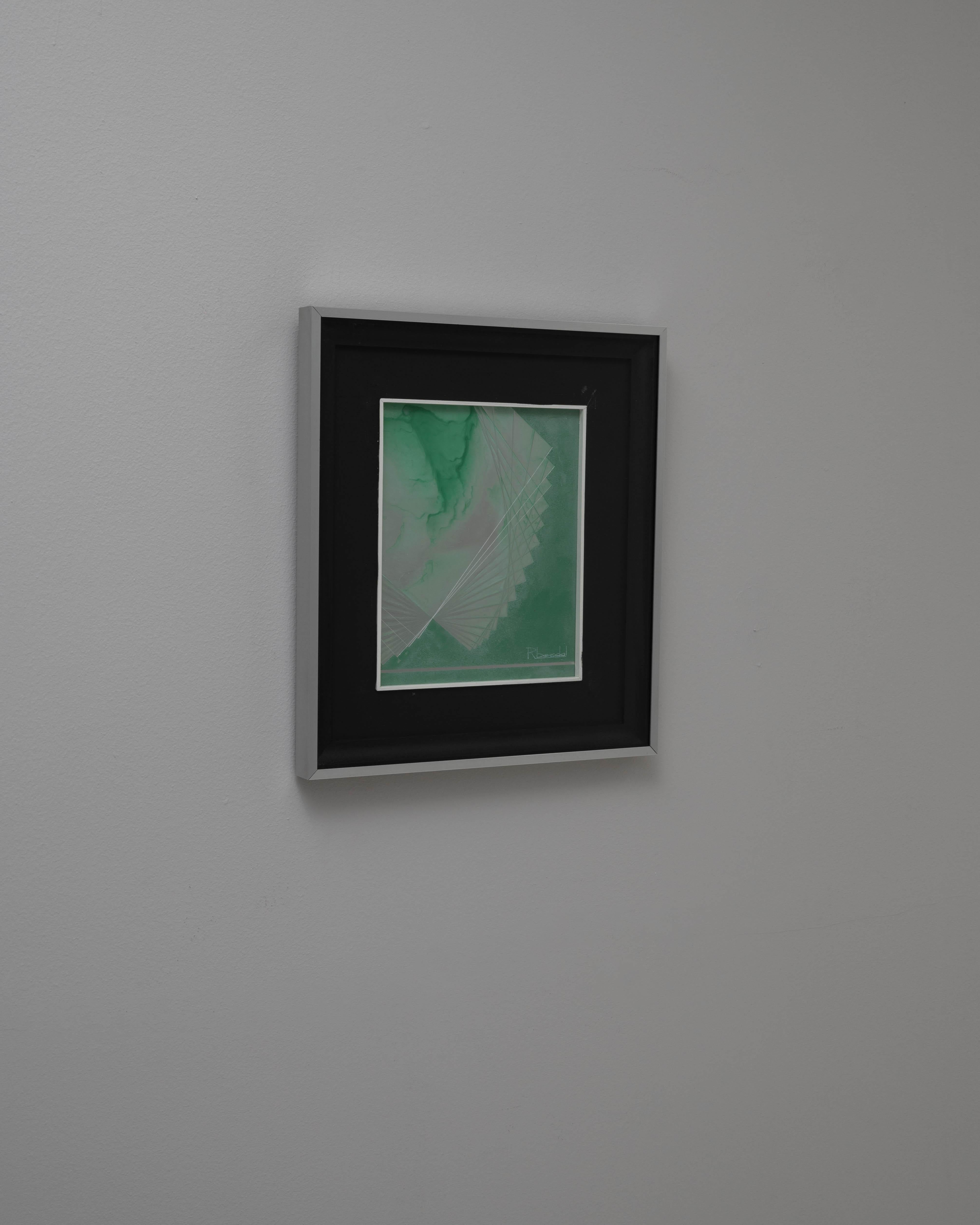 Eleganza serena in questo dipinto belga del XX secolo di Rene Berdal, una composizione delicata che incarna tranquillità e bellezza minimalista. Quest'opera d'arte presenta morbide ed eteree sfumature di verde, sovrapposte a precise linee