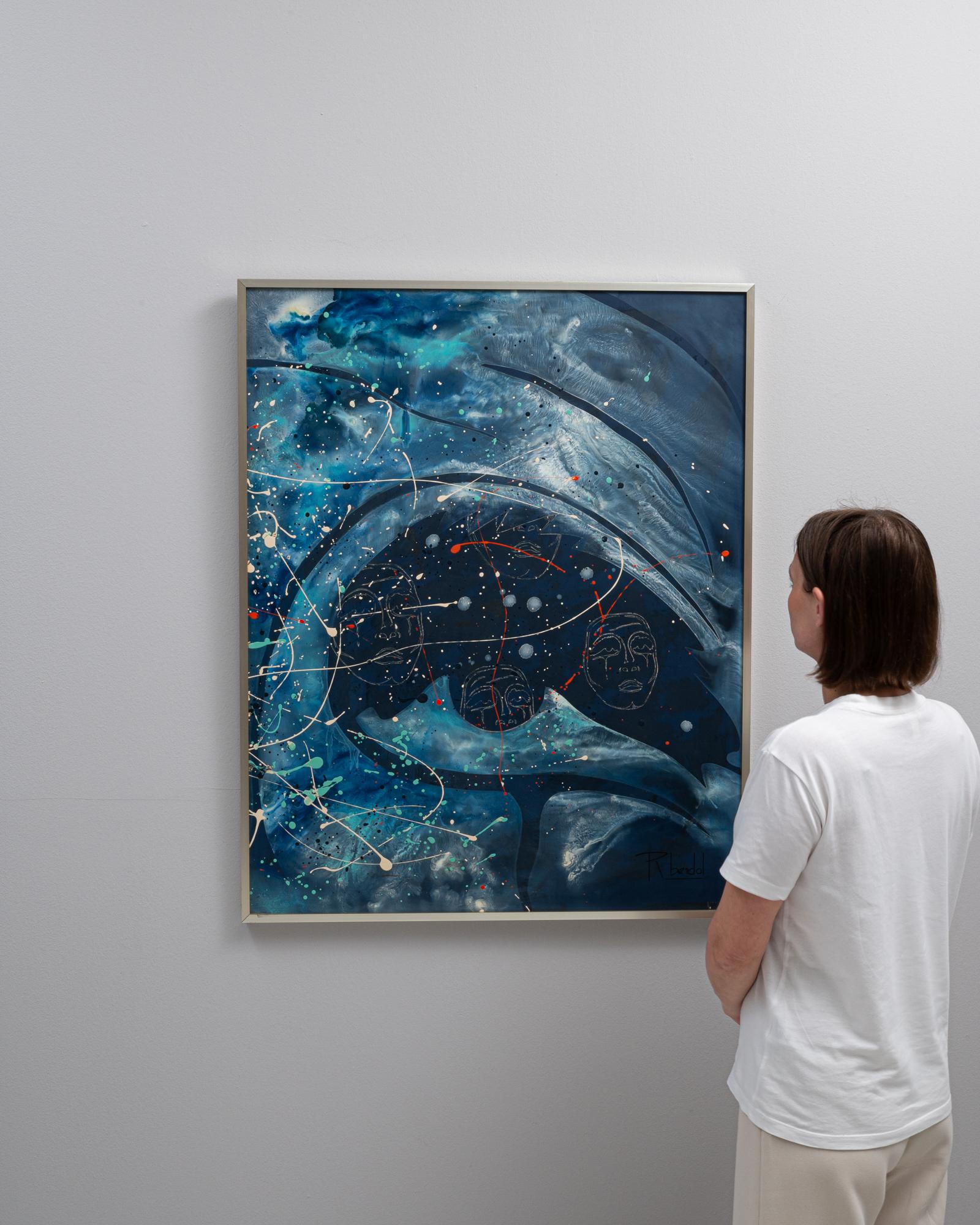 Immerse yourself in the cosmic allure of this 20th Century Belgian painting by Rene Berdal, a masterpiece that captures the mysterious vastness of the universe. This enigmatic piece features a mesmerizing blend of deep blues and aquamarine, evoking