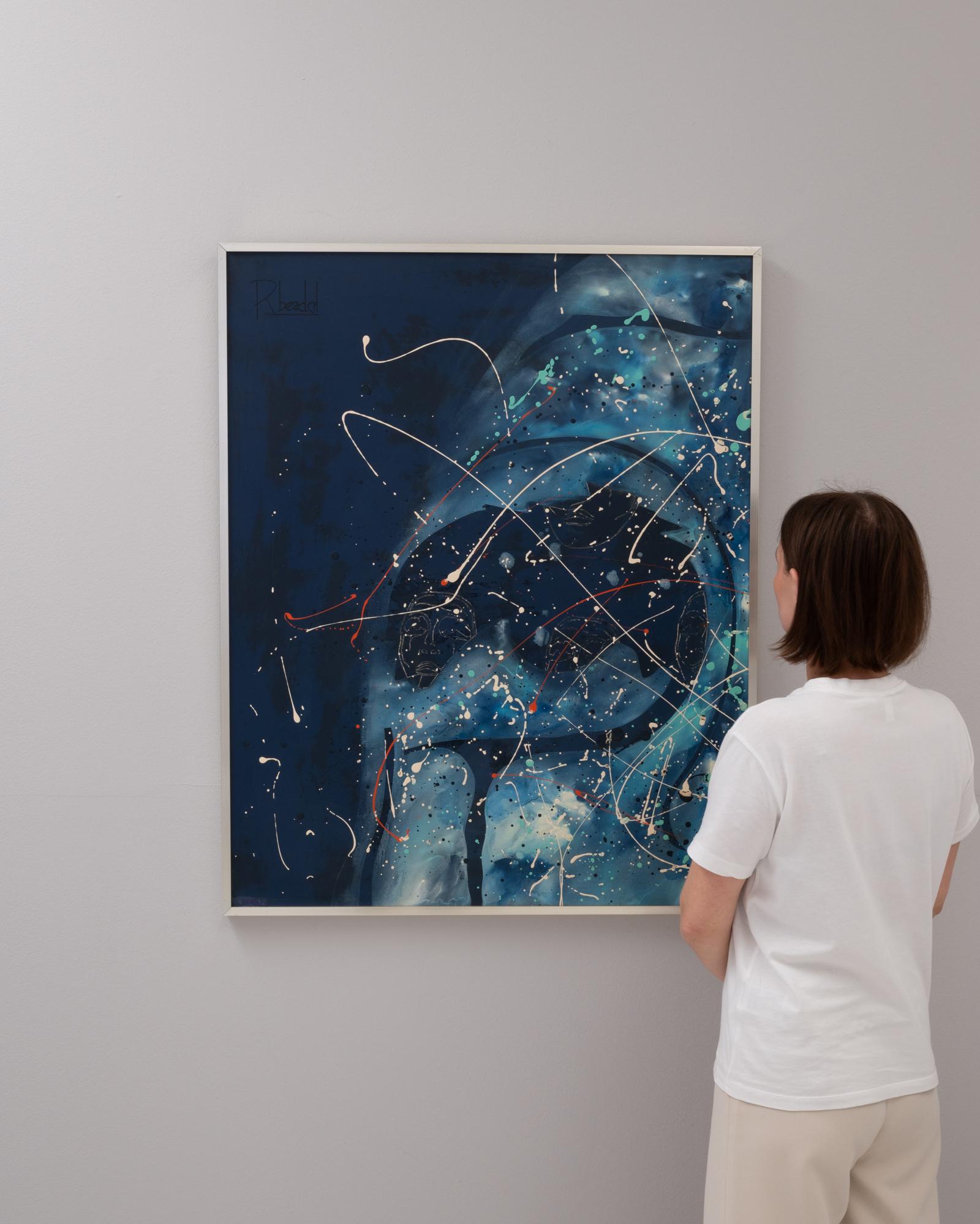 Plongez dans les profondeurs de l'abstraction avec cette captivante peinture belge du 20e siècle de René Berdal. Avec une étonnante gamme de bleus profonds qui évoquent l'étendue infinie des abysses océaniques, entrelacés avec des lignes dynamiques