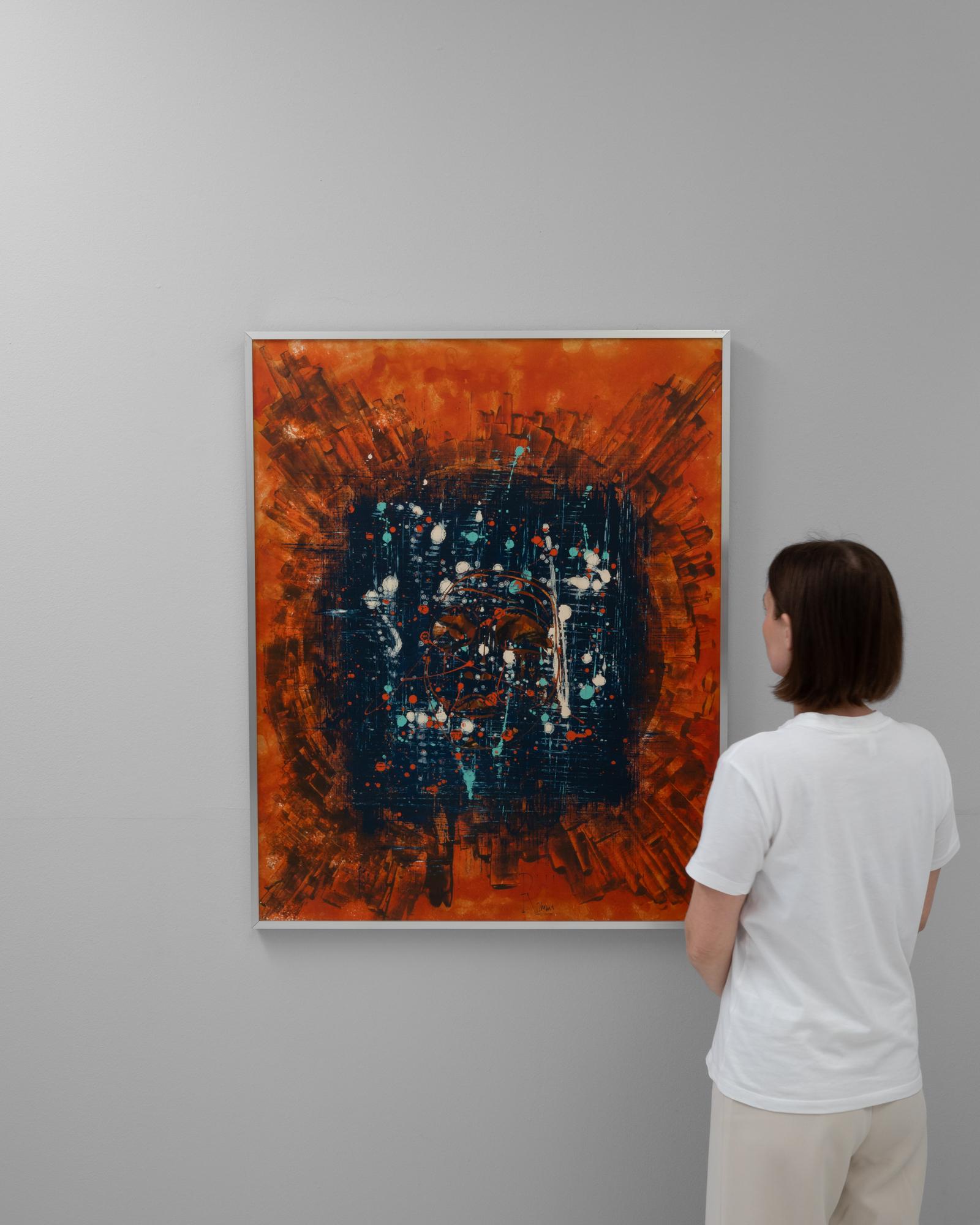 Ignite your senses with this mesmerizing 20th Century Belgian painting by Rene Berdal, a masterpiece that captures the fiery essence of urban complexity. Dominated by rich, warm hues of burnt orange and deep rust, this artwork resonates with the