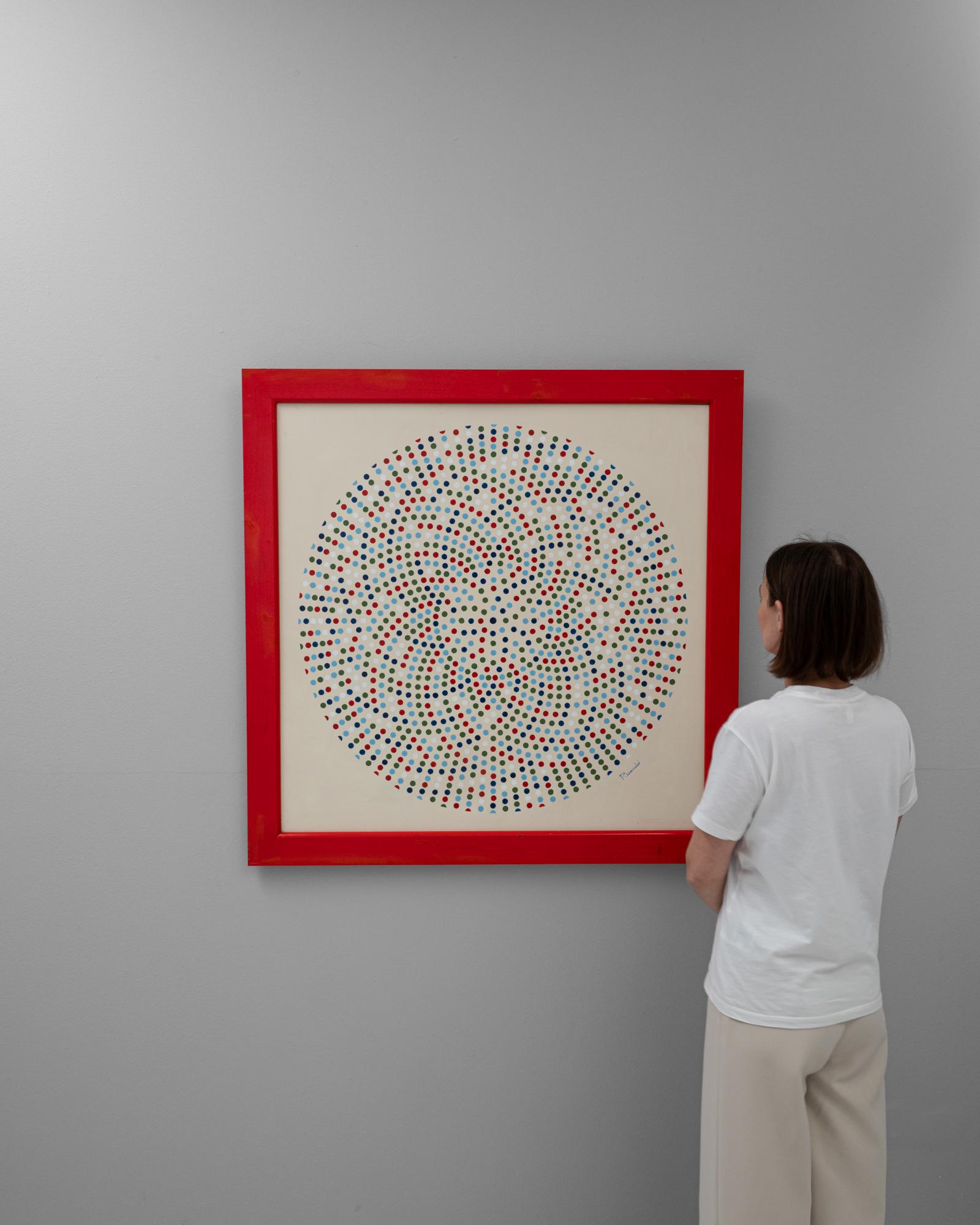 Discover the subtle charm and meticulous precision in this 20th Century Belgian painting by Rene Berdal, a captivating work that explores the beauty of geometric abstraction. This piece features a spiral of multicolored dots, meticulously arranged
