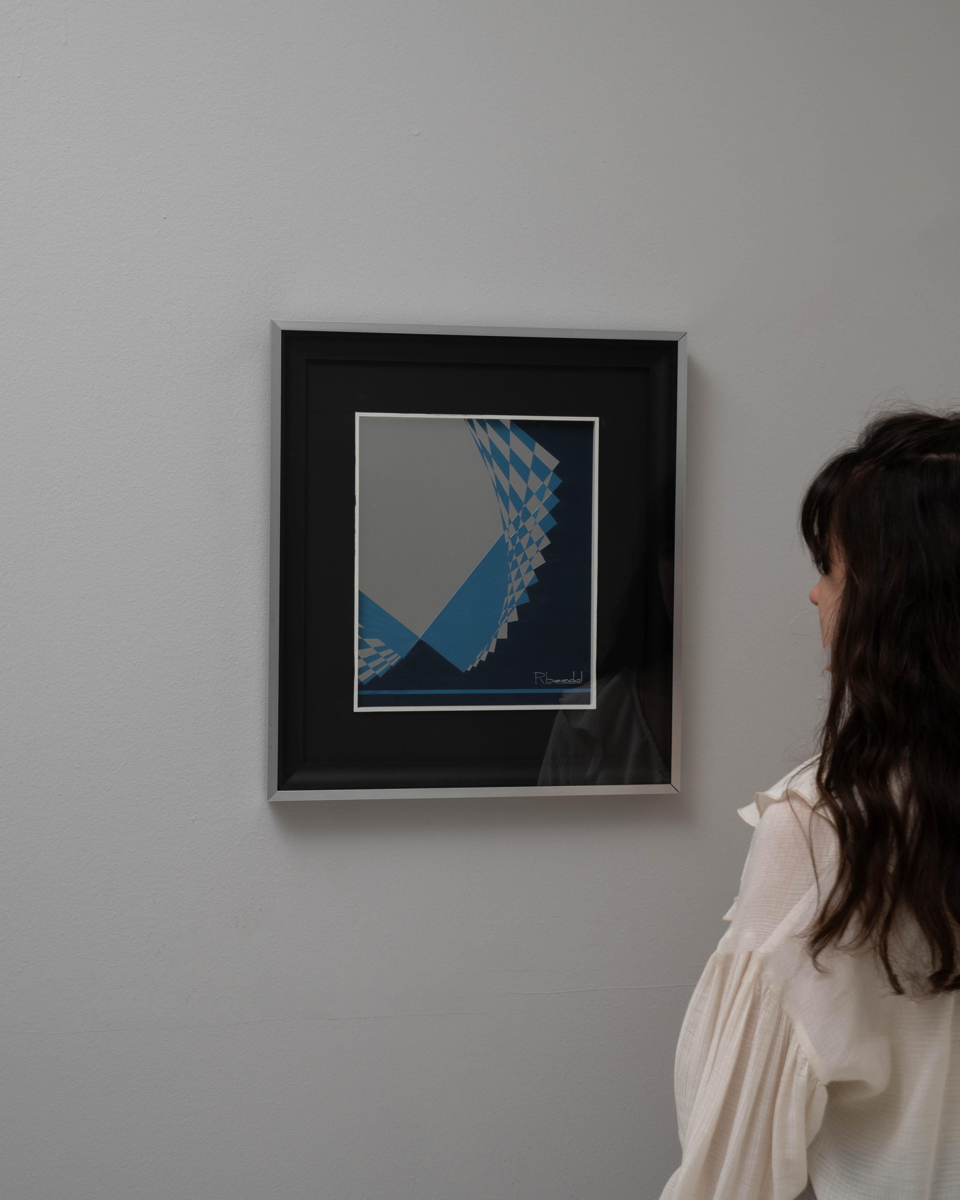 Infuse your living space with the minimalist elegance of this 20th Century Belgian painting by René Berdal. This artwork, set within a sophisticated black frame, features a bold geometric design dominated by shades of cool blue and contrasting
