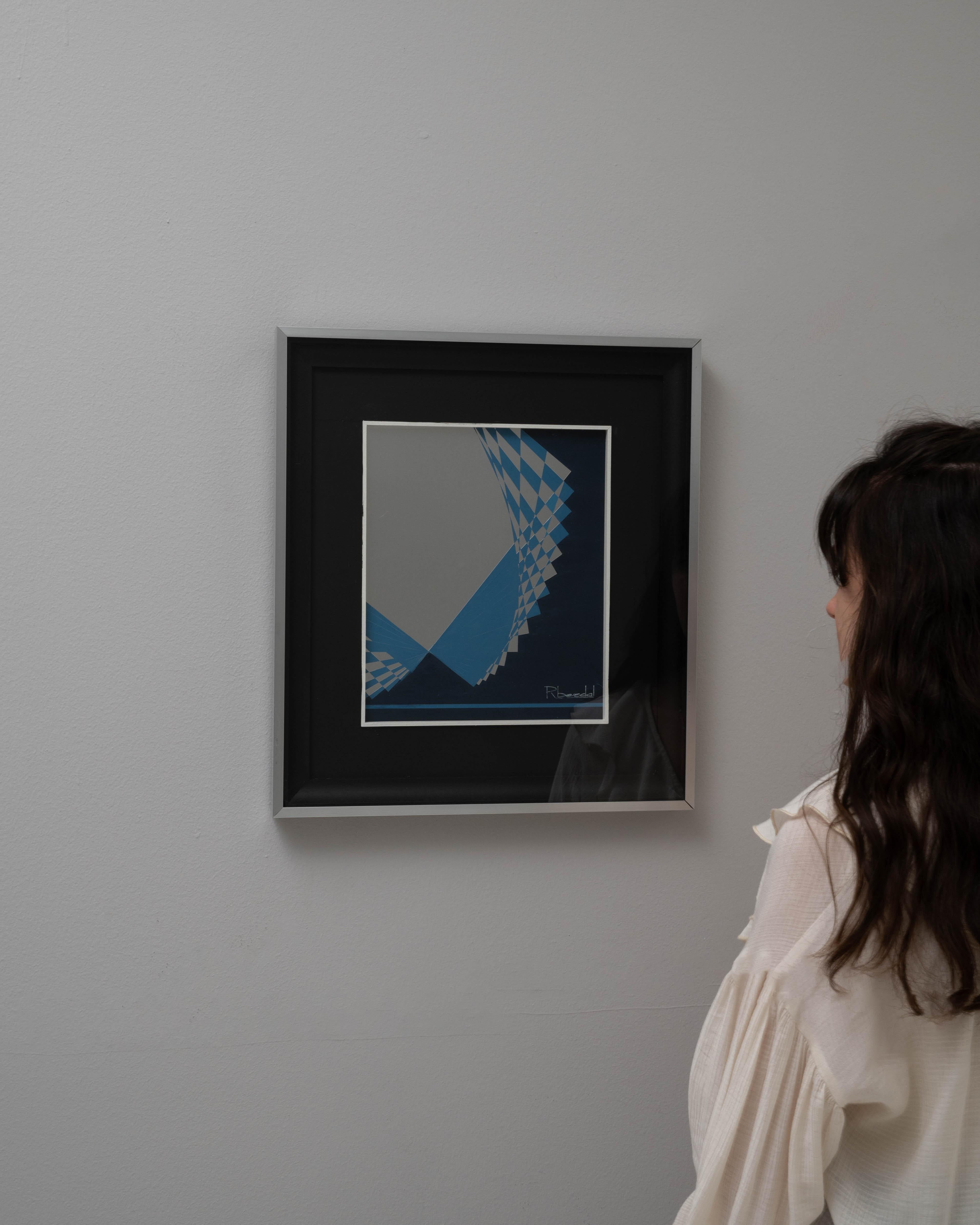 Infunde a tu salón la elegancia minimalista de este cuadro belga del siglo XX, obra de René Berdal. Esta obra de arte, colocada en un sofisticado marco negro, presenta un atrevido diseño geométrico dominado por tonos azules fríos y blancos en