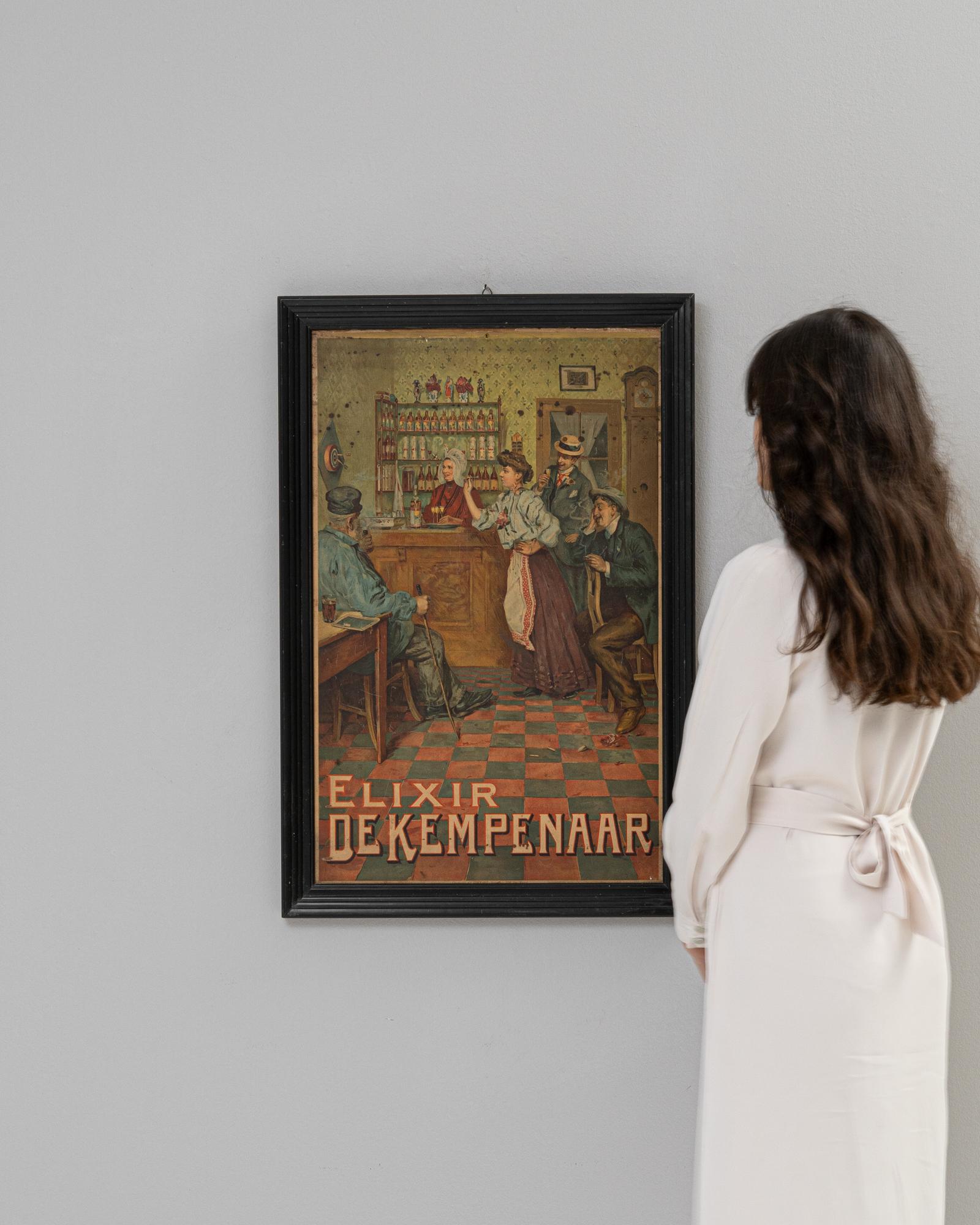 Cette intrigante peinture belge du XXe siècle est une fenêtre colorée sur le passé, représentant une scène de taverne animée qui respire le charme d'antan. Intitulée 