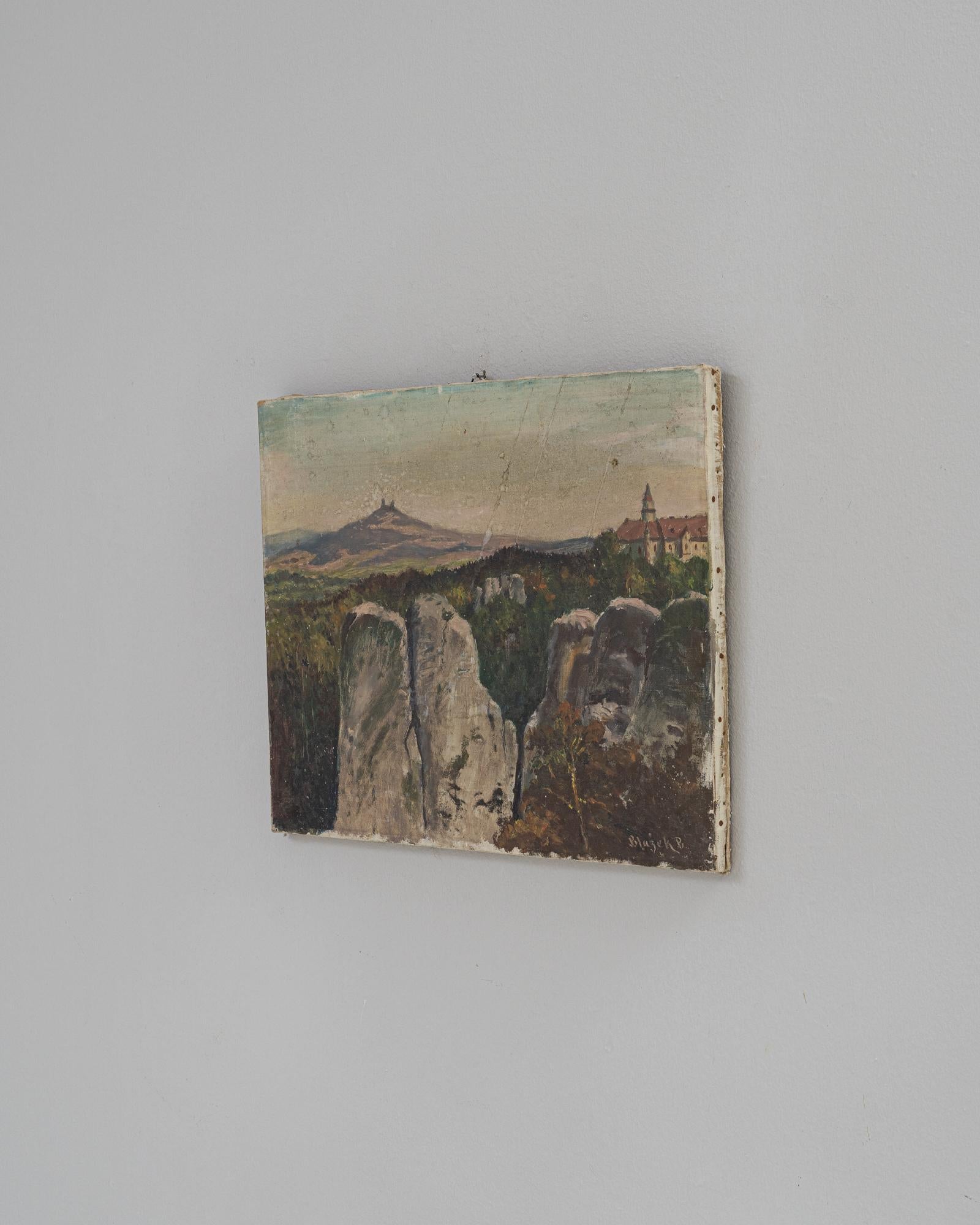 Cette peinture belge du 20e siècle est un paysage captivant qui transporte le spectateur dans la beauté sereine et sauvage de la campagne belge. L'œuvre d'art, un mélange harmonieux de teintes naturelles, capture l'essence du terrain de la région
