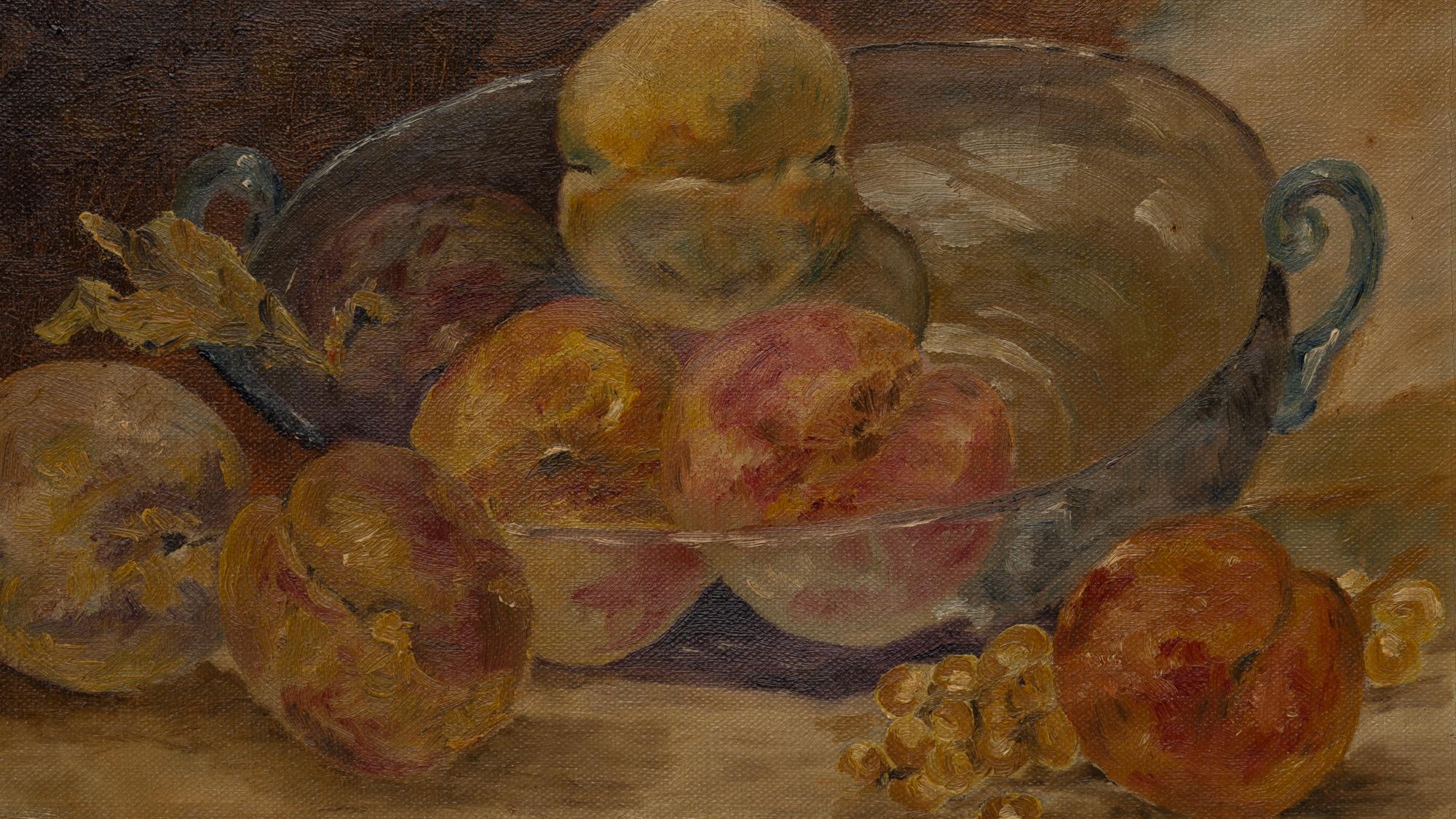 This vibrant 20th Century Belgian Painting is a still life that celebrates the richness of the harvest. The canvas is alive with the sumptuous colors of ripe fruit, artfully arranged to draw the eye across the bountiful display. The painter's skill