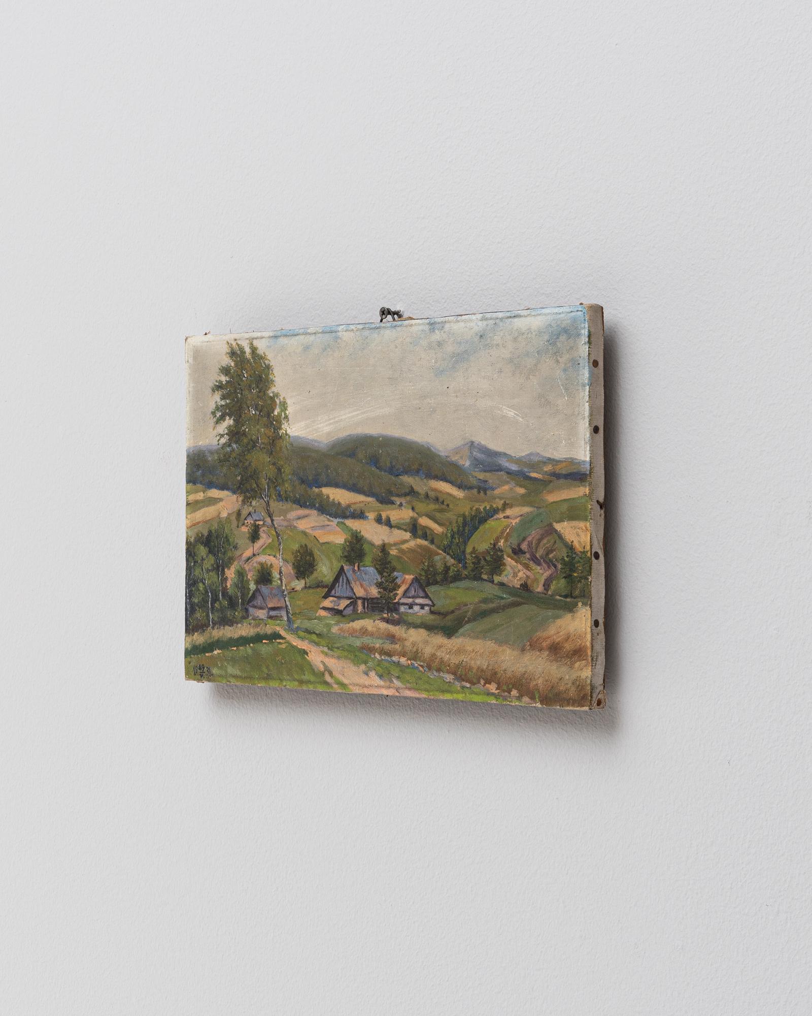 This 20th Century Belgian Painting is a pastoral depiction of rural tranquility and agricultural grace. The artist has captured a sprawling landscape filled with undulating hills, fields ready for harvest, and quaint farmhouses dotted across the
