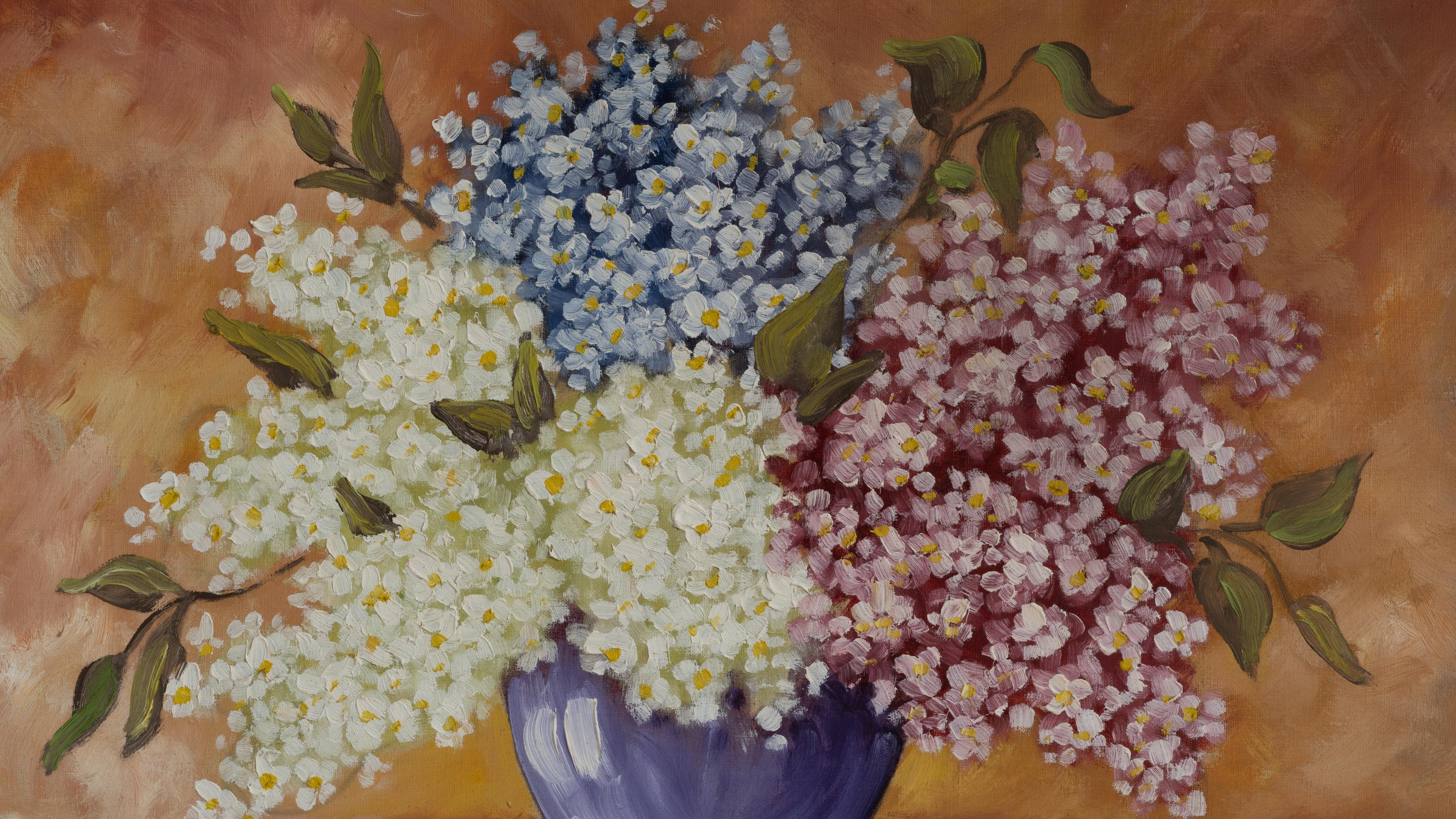 Infuse your living space with the vibrant colors and refreshing vibe of this 20th-century Belgian painting. This stunning artwork features a bouquet of delicately painted lilacs and forget-me-nots, arrayed in a charming blue vase against a warm,