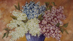 20th Century Belgian Painting of Lilacs in Blue Vase, Oil on Canvas