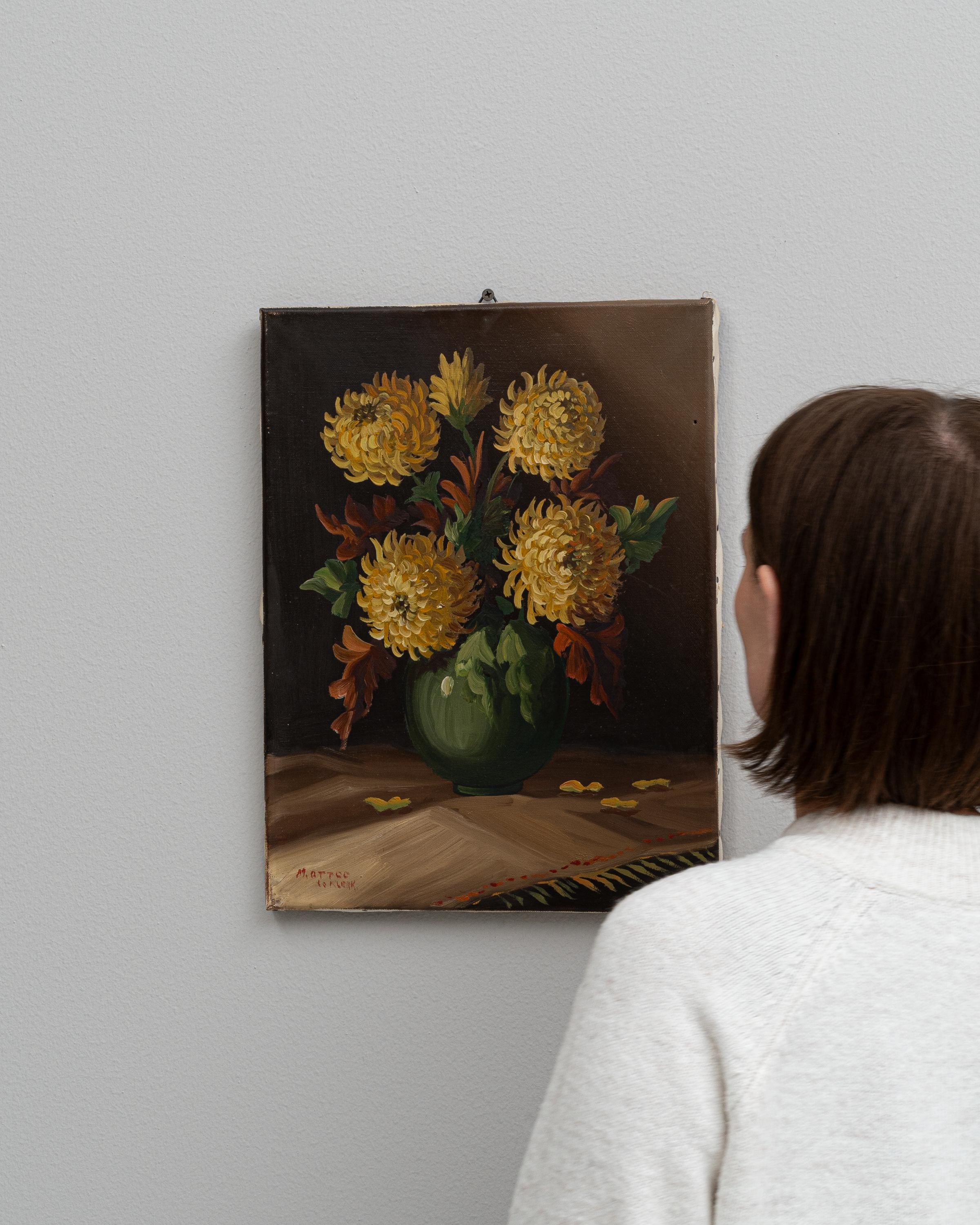 This exquisite 20th-century Belgian painting captures the timeless elegance of a floral arrangement in full bloom. Presented in a classic green vase, the vibrant yellow chrysanthemums burst with life against a deep, moody background, highlighting