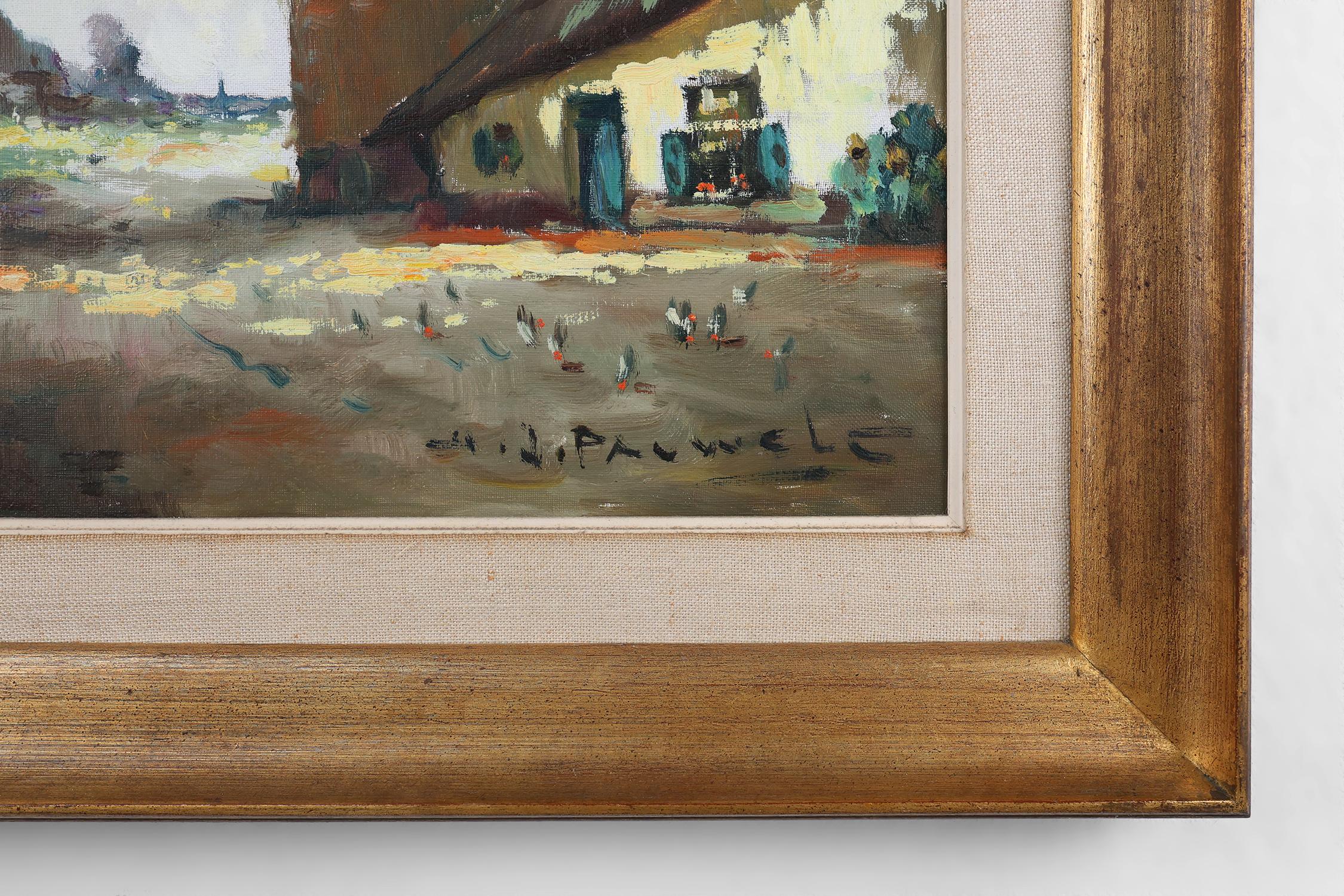 Baroque Peinture belge du 20e siècle représentant une scène de ferme avec cadre en bois doré en vente