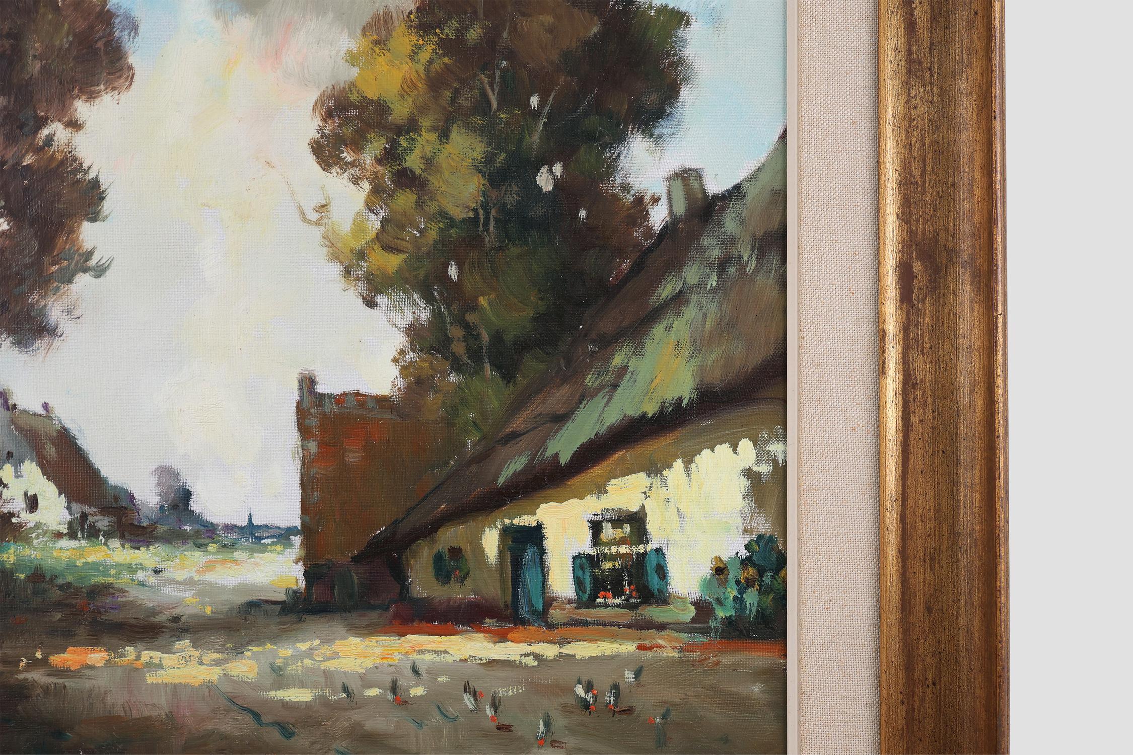 Belge Peinture belge du 20e siècle représentant une scène de ferme avec cadre en bois doré en vente