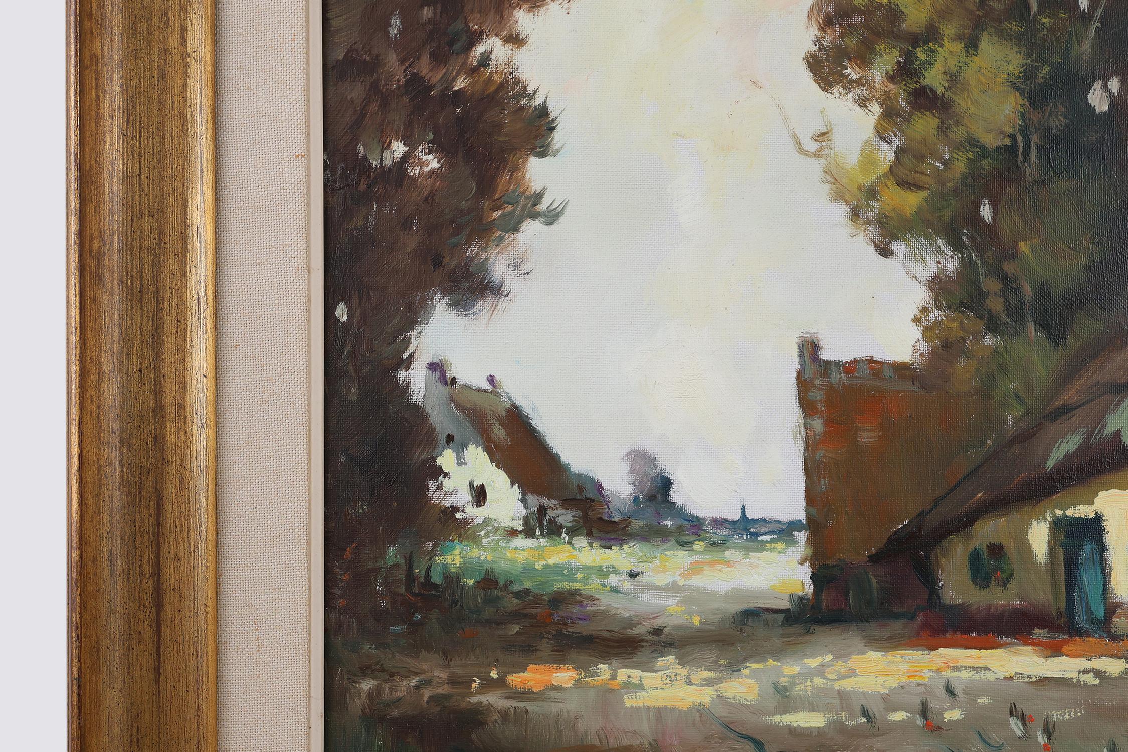 Peint à la main Peinture belge du 20e siècle représentant une scène de ferme avec cadre en bois doré en vente