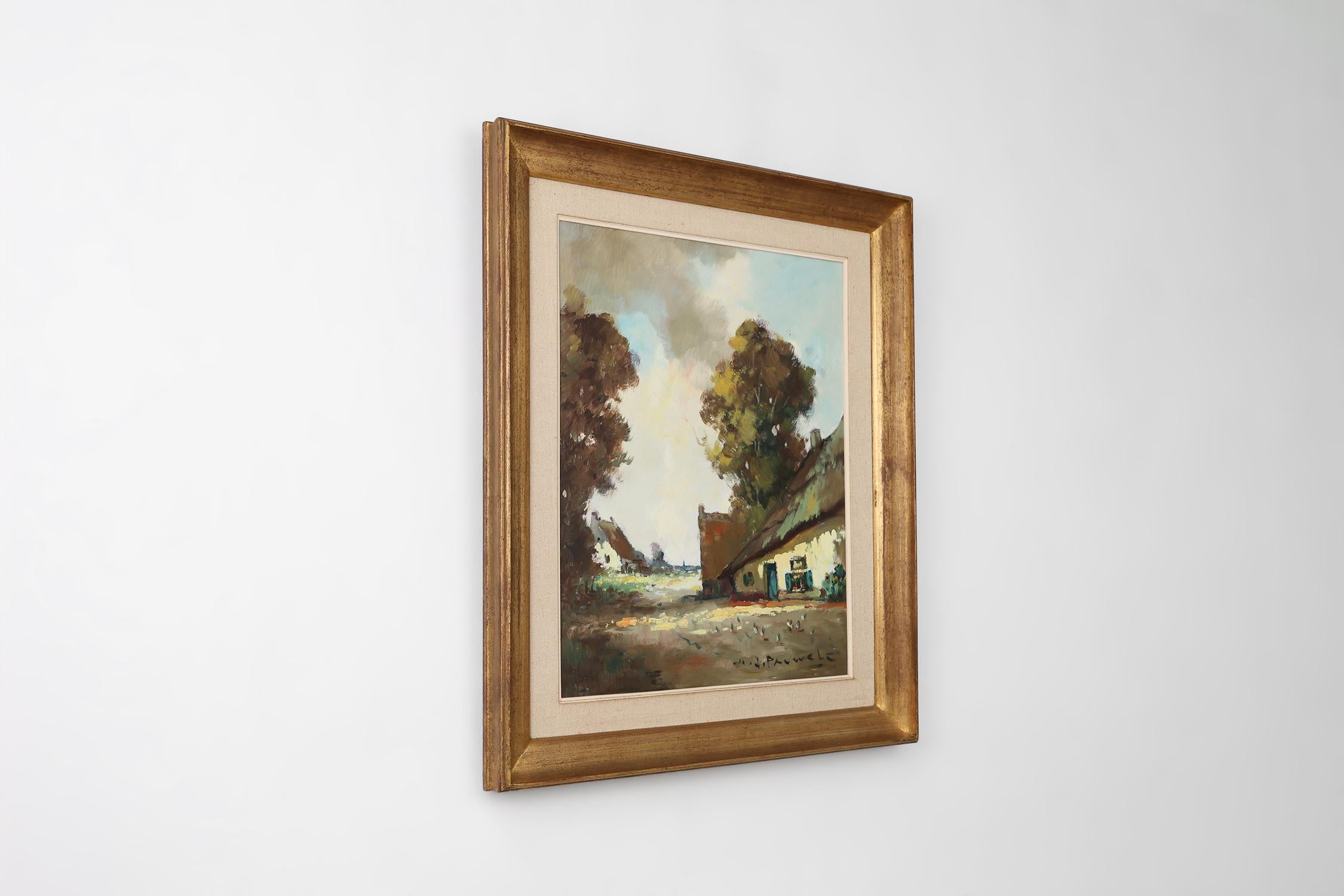 Milieu du XXe siècle Peinture belge du 20e siècle représentant une scène de ferme avec cadre en bois doré en vente