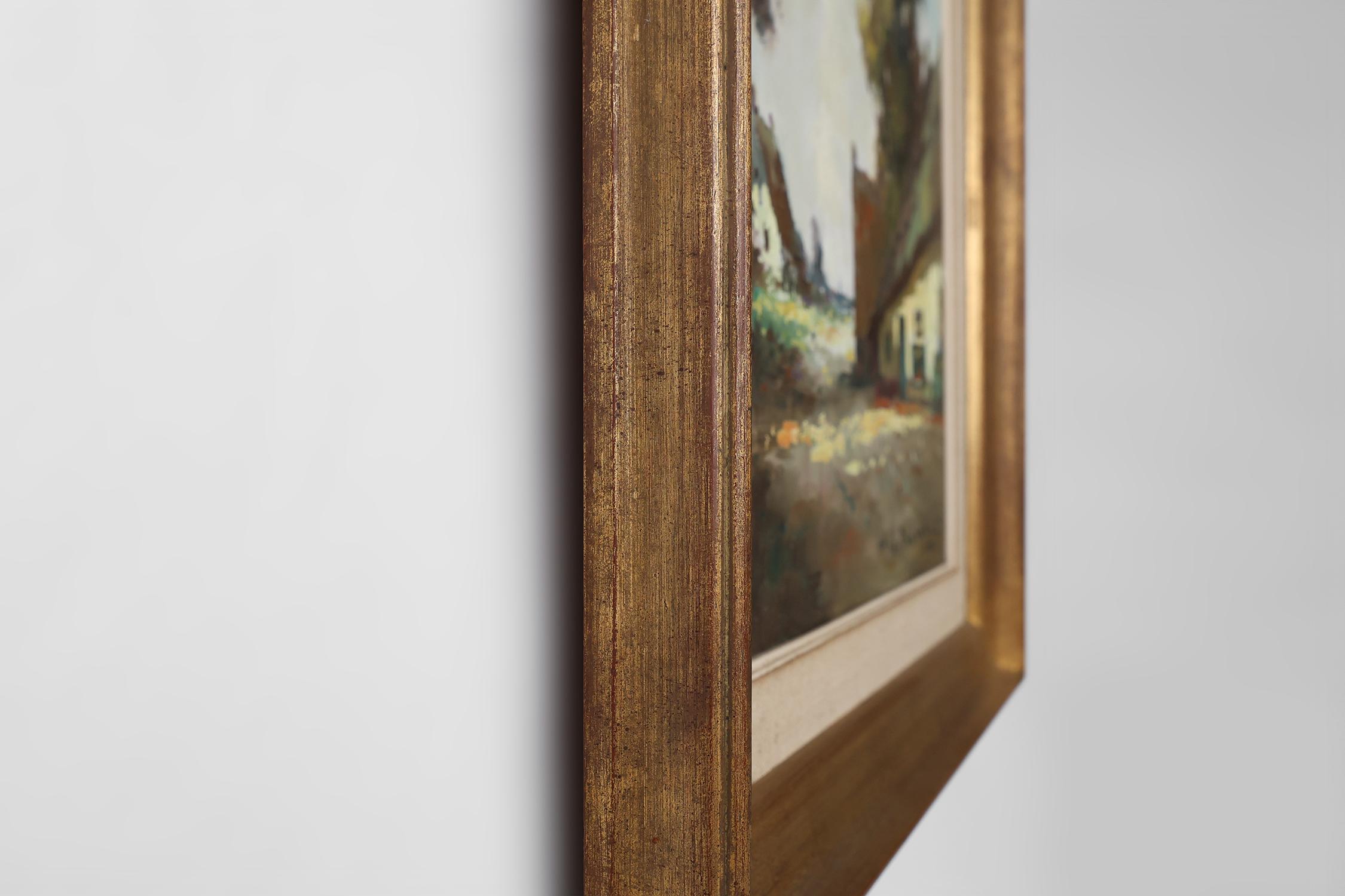 Peinture belge du 20e siècle représentant une scène de ferme avec cadre en bois doré en vente 1