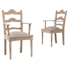 20th Century Belgian Pair Of Oak Armchairs With Upholstered Seats