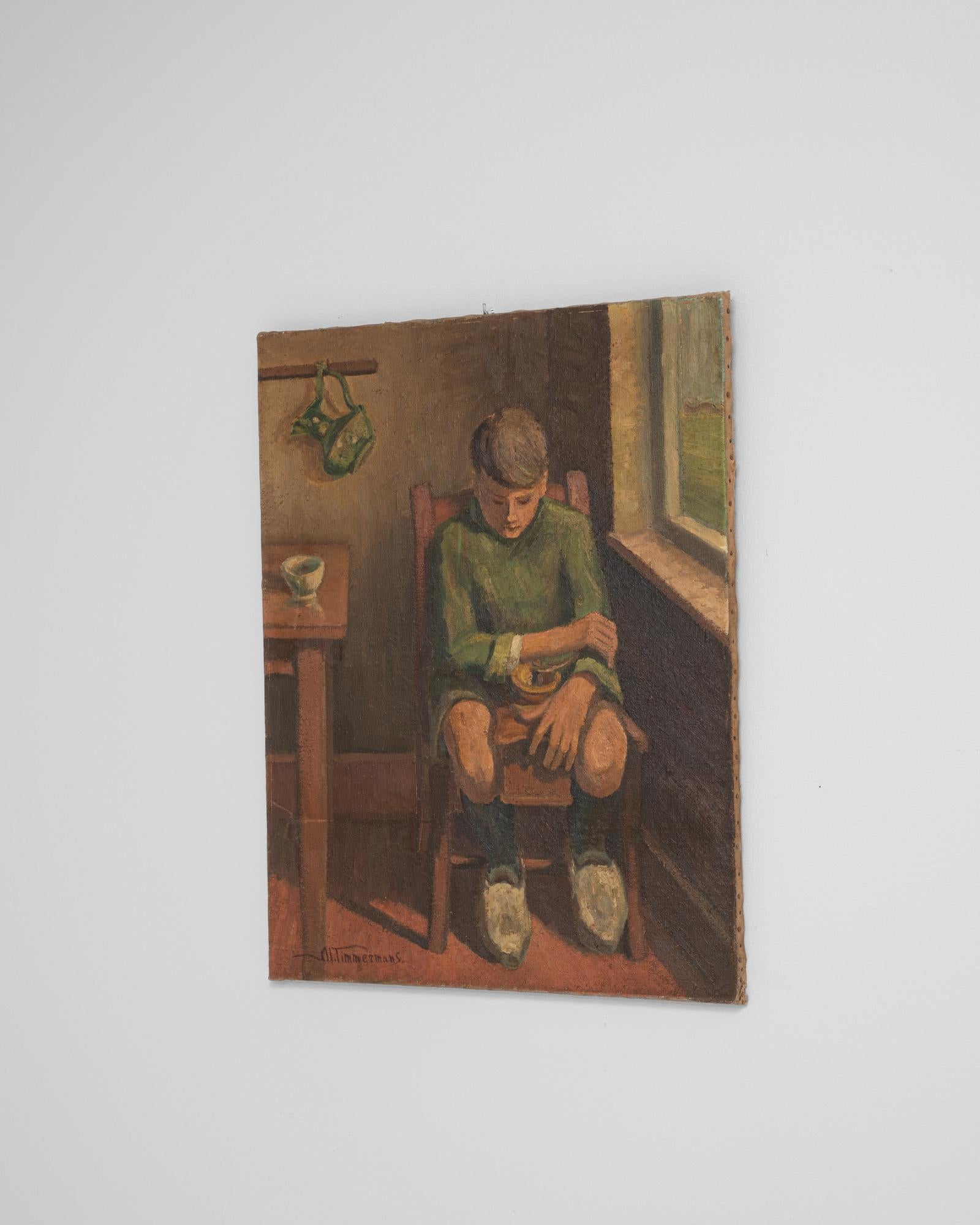 Belgisches realistisches Gemälde eines Jungen aus dem 20. (20. Jahrhundert) im Angebot