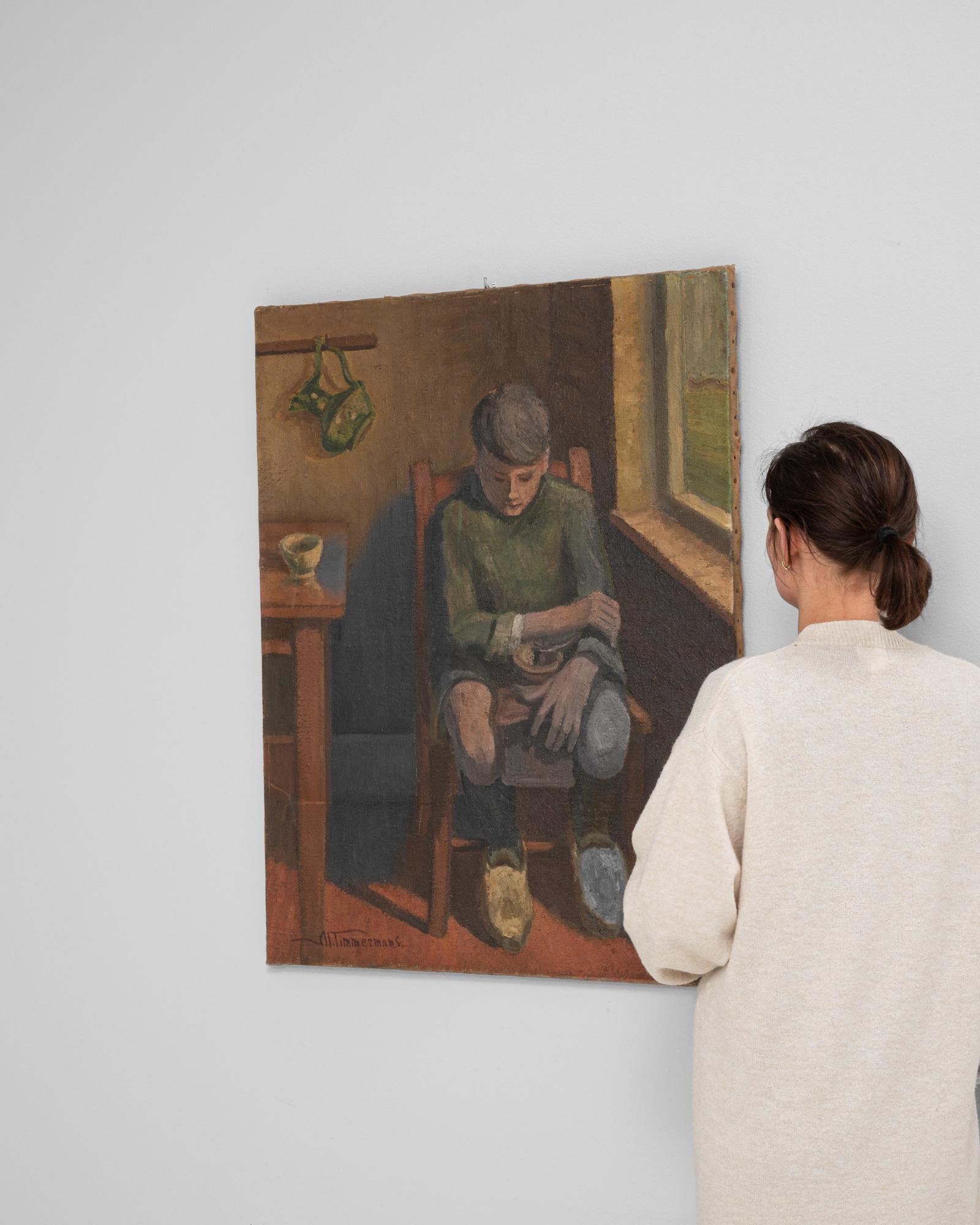 Belgisches realistisches Gemälde eines Jungen aus dem 20. (Farbe) im Angebot