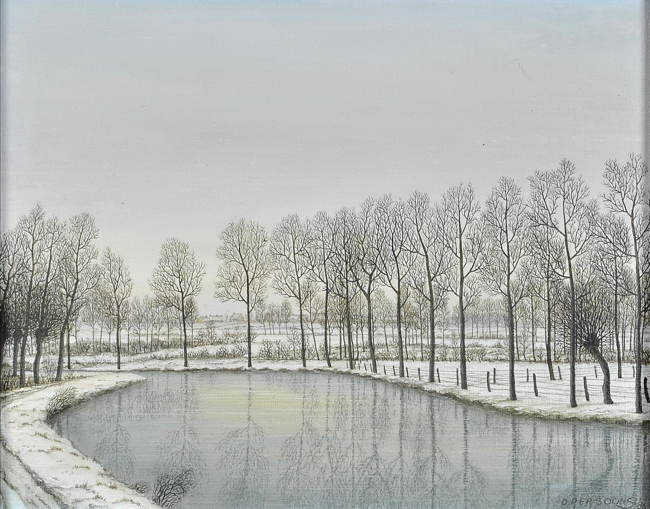 Paysage de rivière d'hiver - Peinture naïve belge du 20e siècle représentant un paysage de rivière des neiges - Painting de 20th Century Belgian School