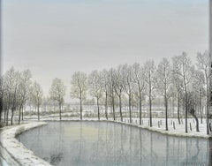 Paysage de rivière d'hiver - Peinture naïve belge du 20e siècle représentant un paysage de rivière des neiges