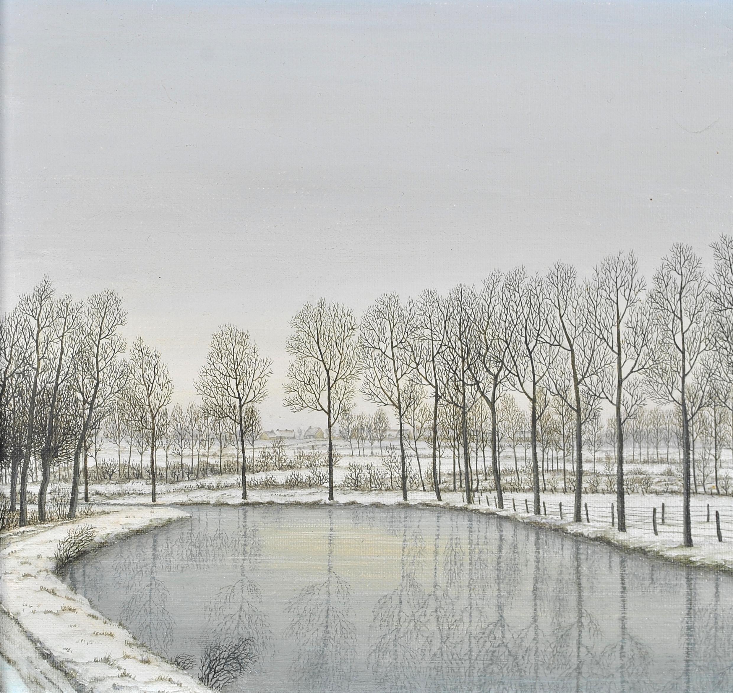 Paisaje fluvial invernal - Pintura belga Naif del siglo XX Paisaje fluvial nevado - Landscape Painting Gris de 20th Century Belgian School